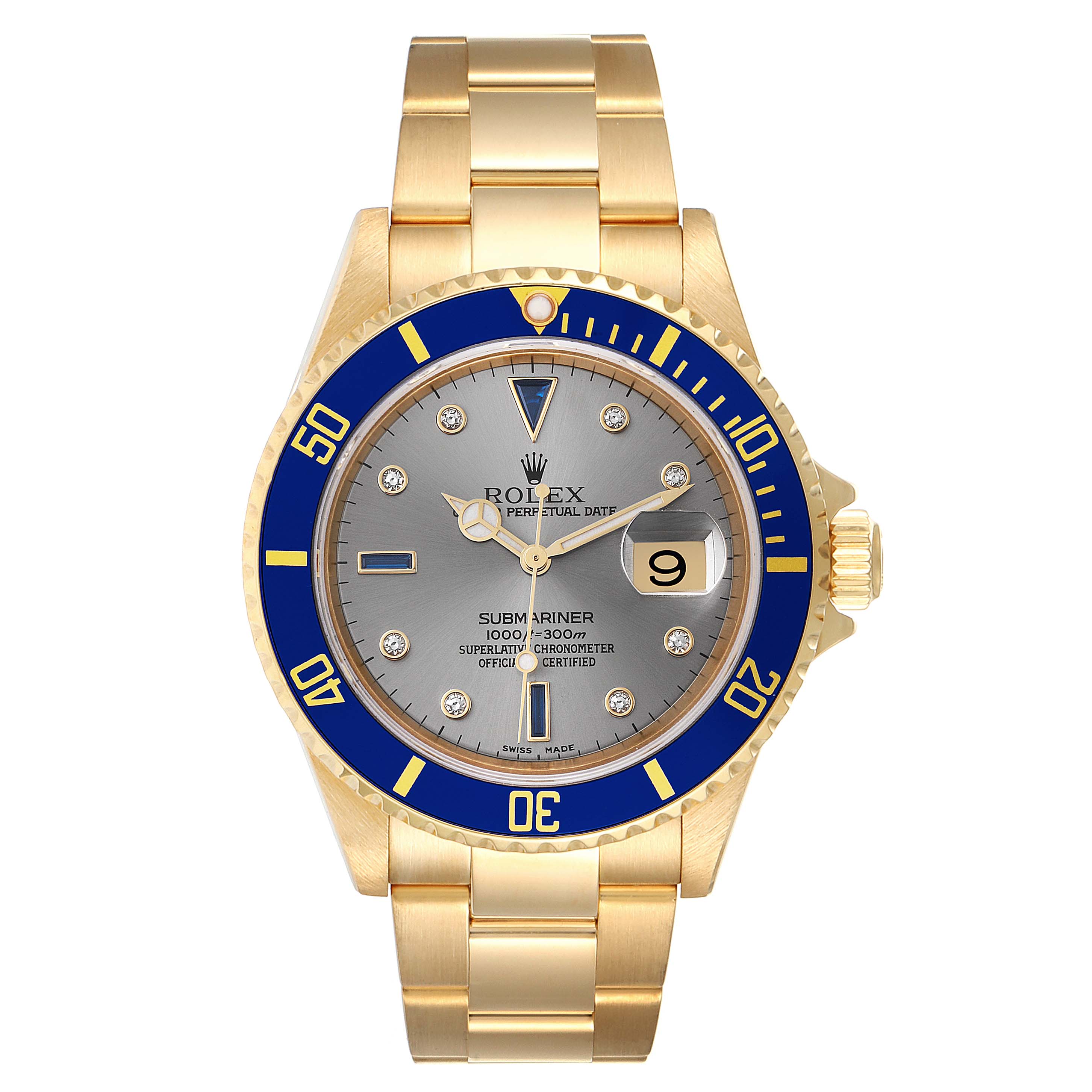 This image shows the front view of a Rolex Submariner 16618 Men's Yellow Gold Grey Dial 16618 Men's Yellow Gold Grey Dial watch, highlighting the face, bezel, case, and bracelet.