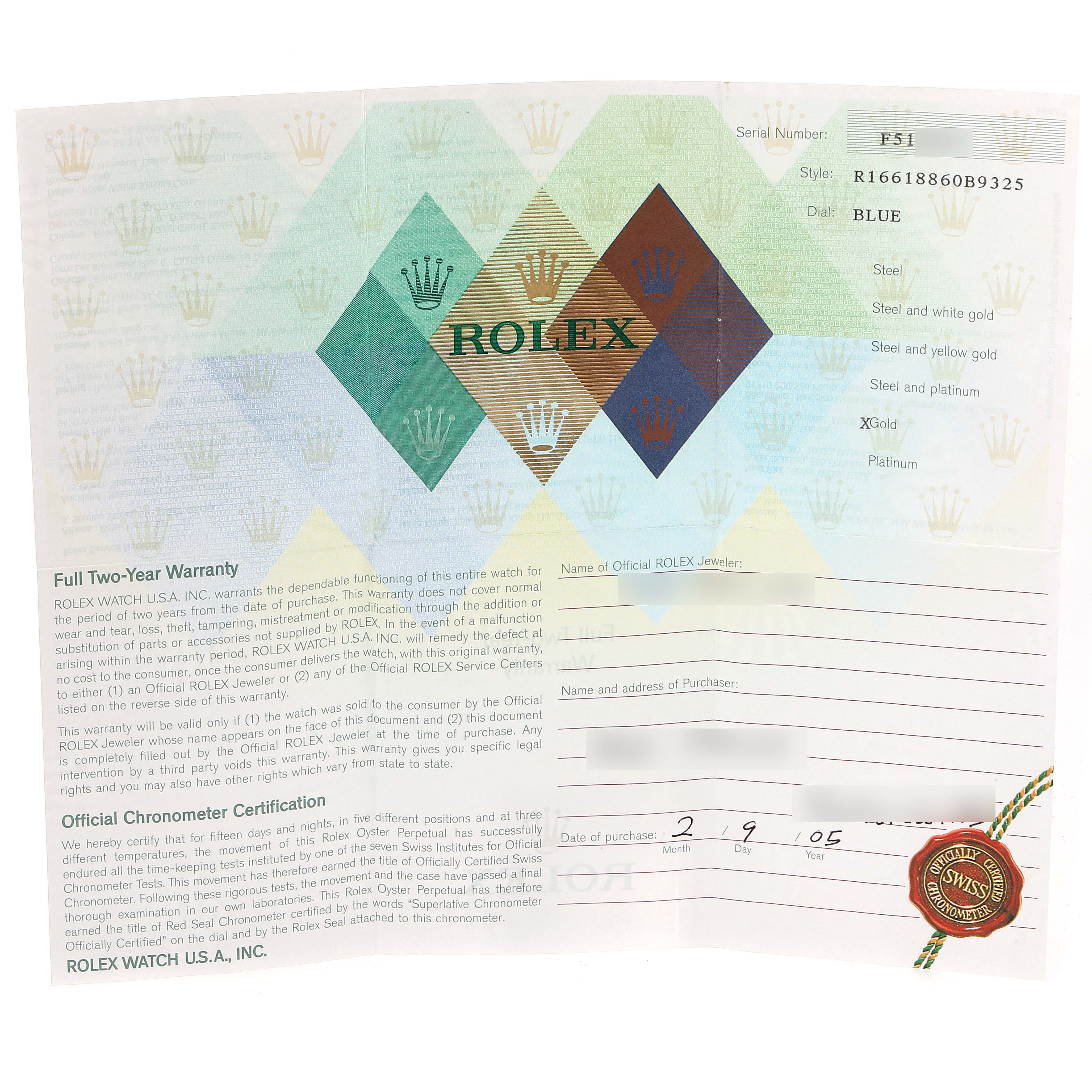 This image shows the warranty and certification paperwork for a Rolex Submariner 16618 Men's Yellow Gold Grey Dial 16618 Men's Yellow Gold Grey Dial watch.