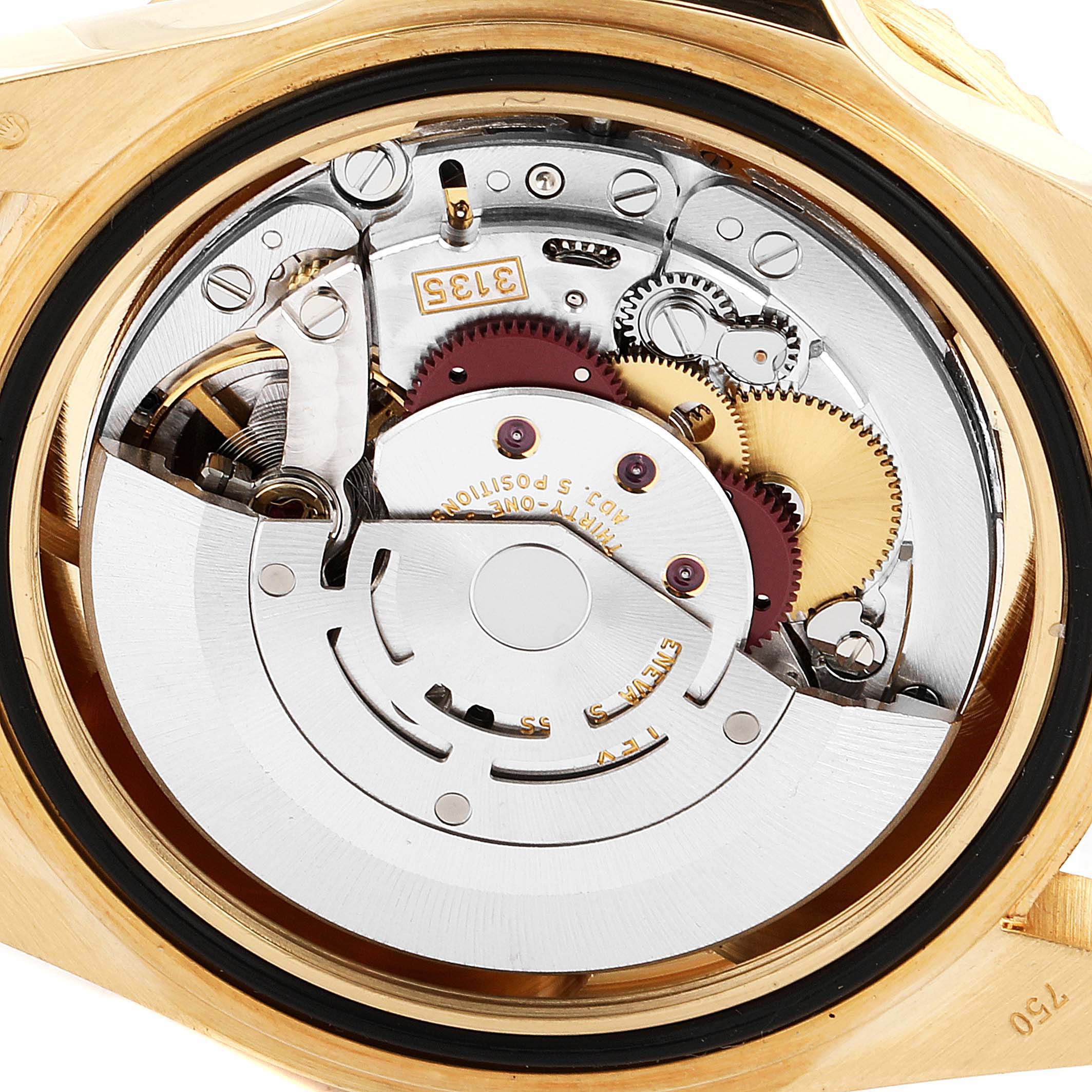 The image shows a close-up view of the movement mechanism inside a Rolex Submariner 16618 Men's Yellow Gold Grey Dial 16618 Men's Yellow Gold Grey Dial watch, highlighting various gears and components.