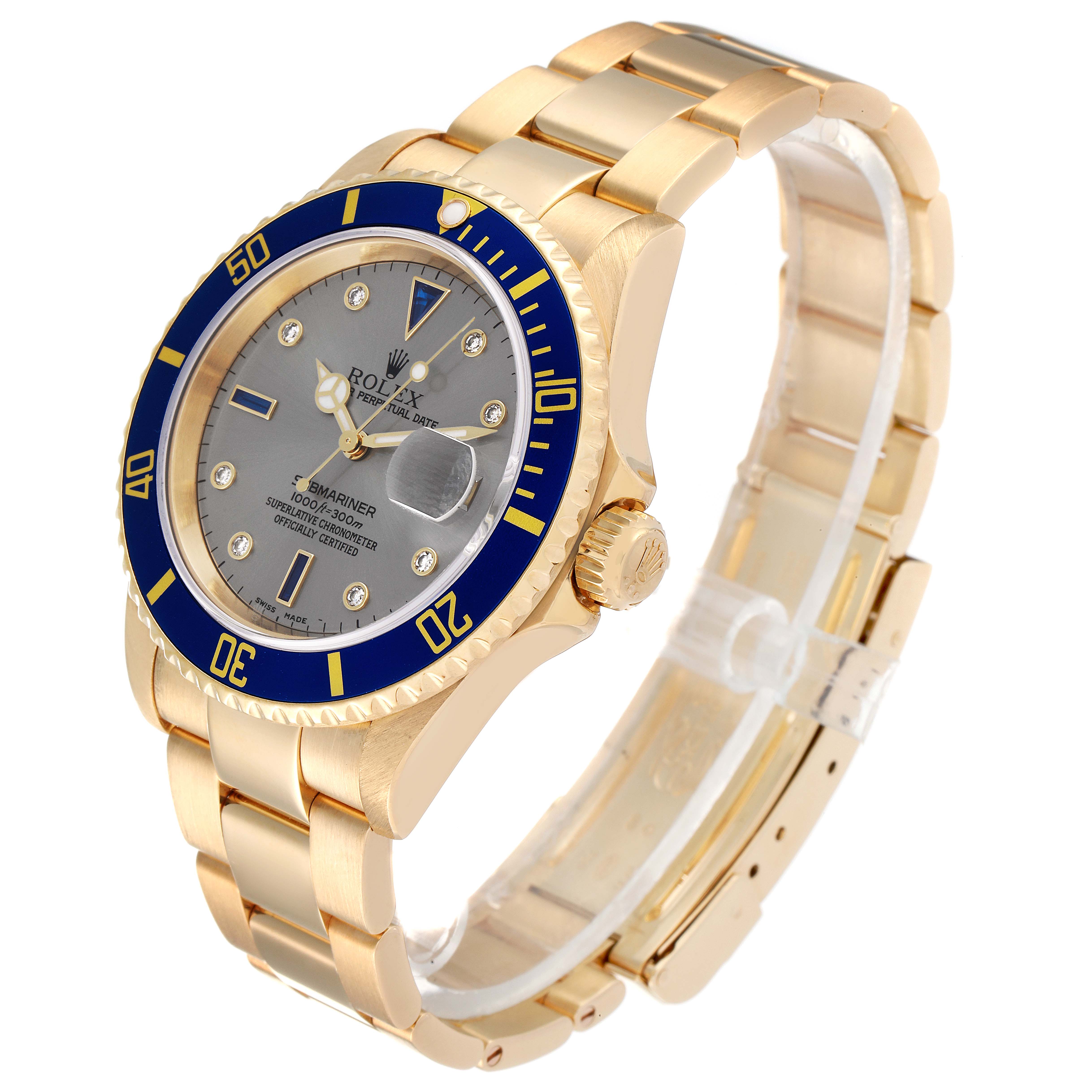 This image shows a Rolex Submariner 16618 Men's Yellow Gold Grey Dial 16618 Men's Yellow Gold Grey Dial watch from a three-quarter angle, highlighting the face, bezel, crown, and bracelet.