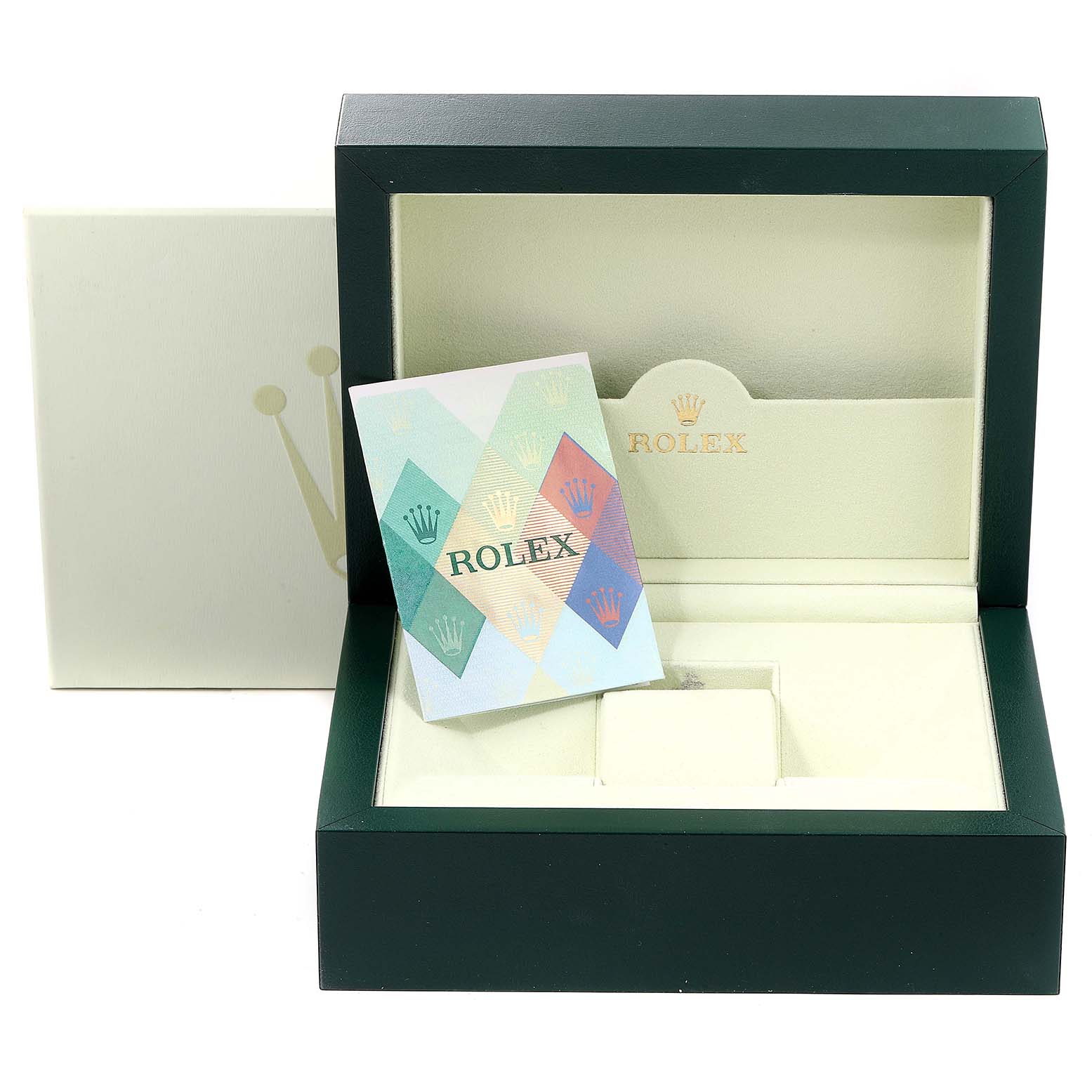 This image shows an empty Rolex Submariner 16618 Men's Yellow Gold Grey Dial 16618 Men's Yellow Gold Grey Dial watch box with accompanying booklet inside.