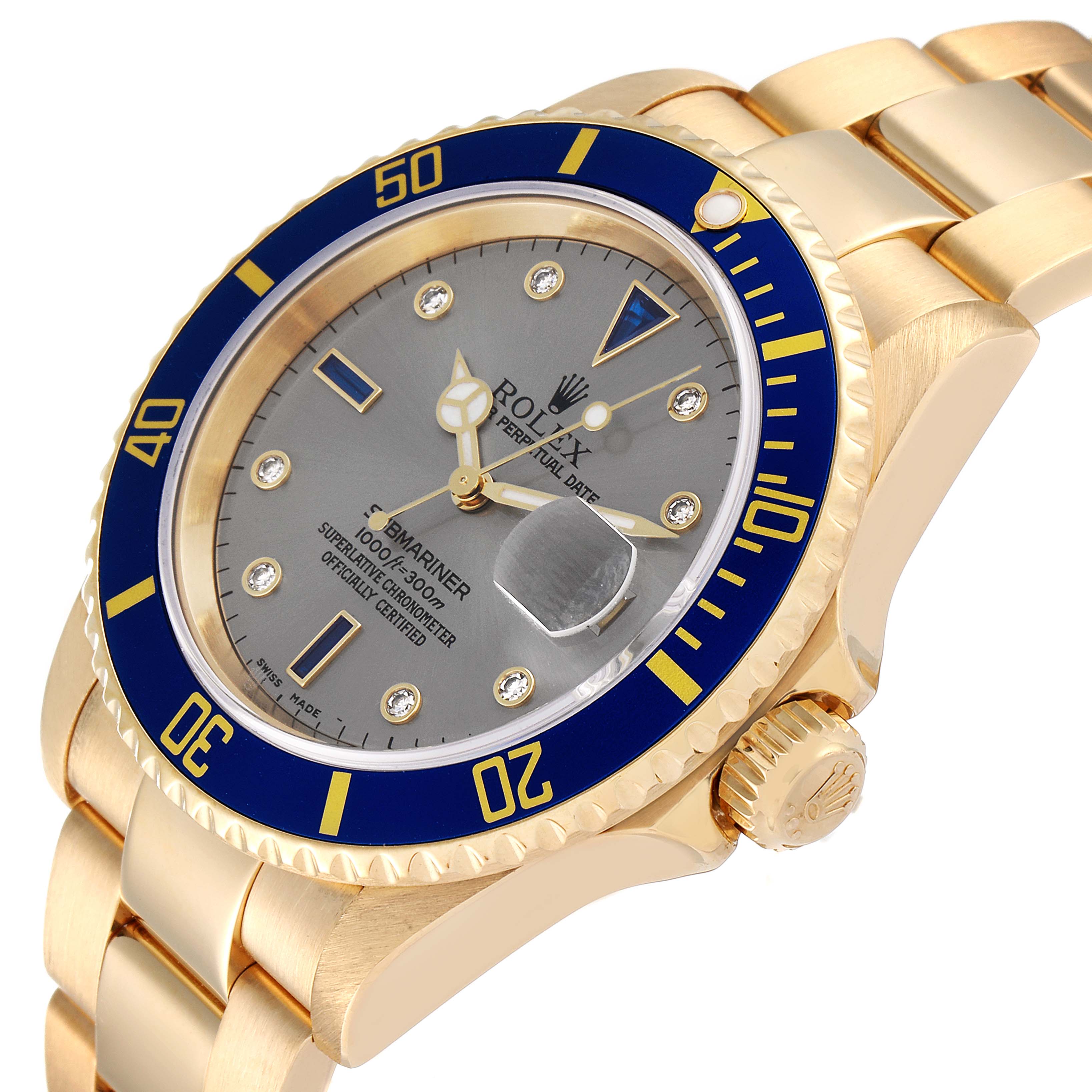 The image shows a close-up angled view of a Rolex Submariner 16618 Men's Yellow Gold Grey Dial 16618 Men's Yellow Gold Grey Dial watch, highlighting the dial, bezel, crown, and bracelet.