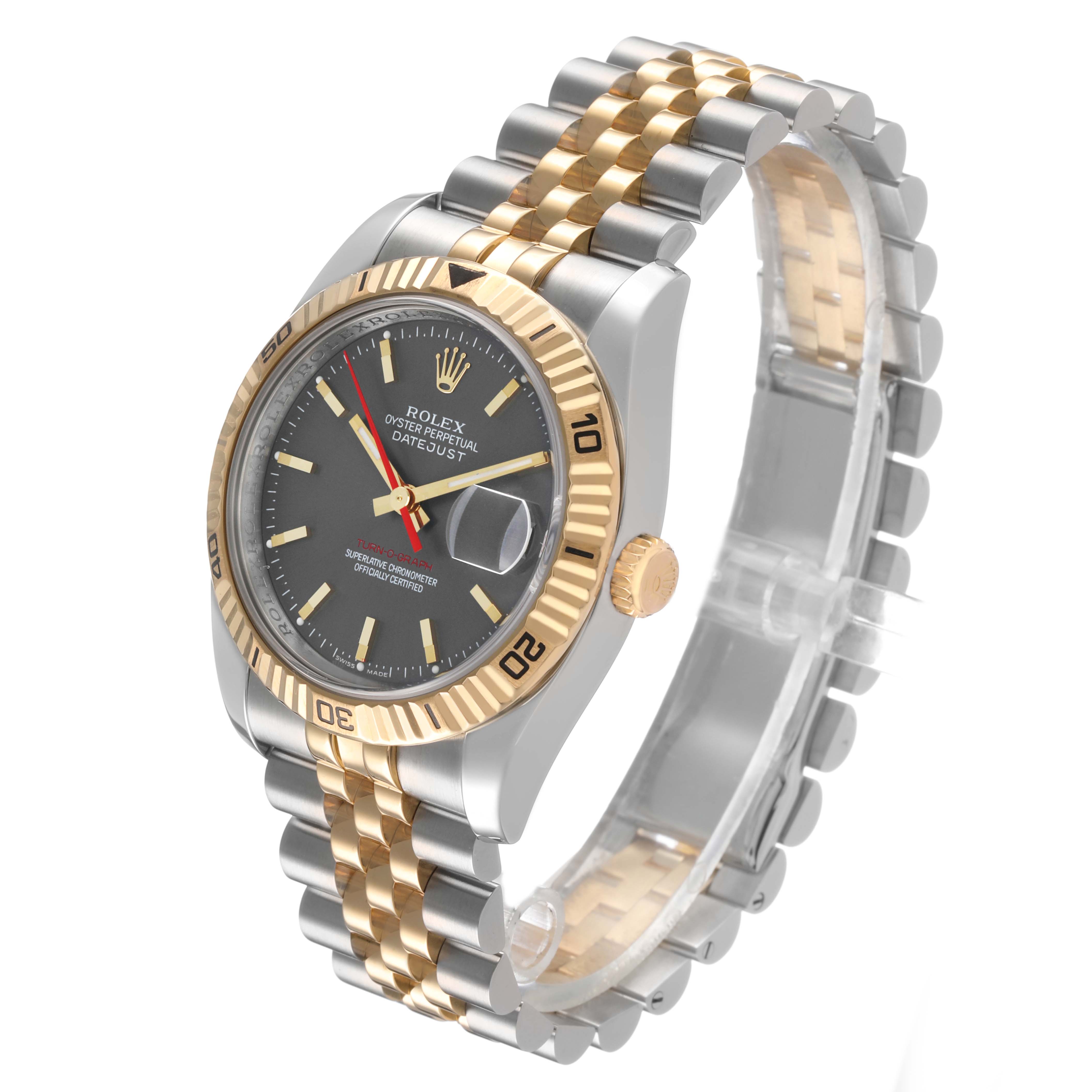 The Rolex Turn-o-Graph 116263 Men's Steel and Gold (two tone) Grey Dial watch is shown at a three-quarter angle, displaying the face, bezel, crown, and bracelet.