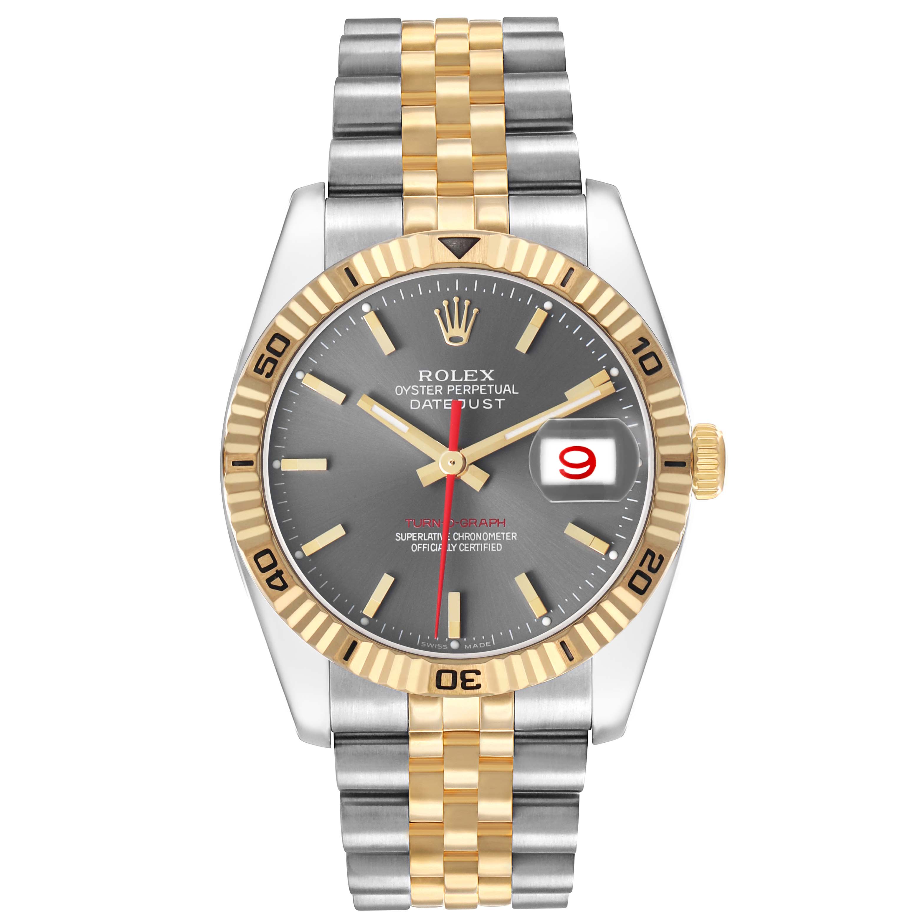 The Rolex Turn-o-Graph 116263 Men's Steel and Gold (two tone) Grey Dial watch is shown from a front angle, featuring the face, bezel, and two-tone bracelet.