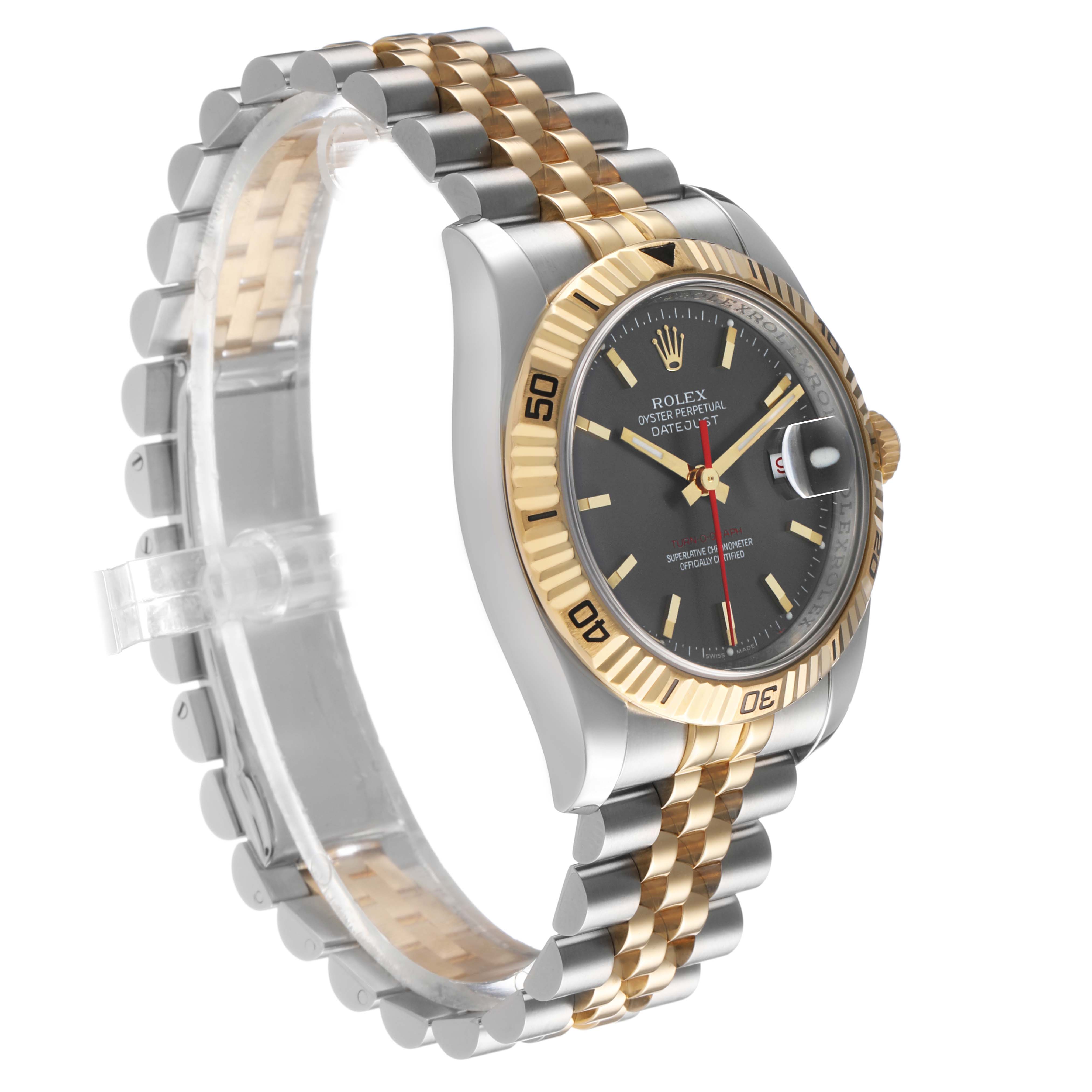 The Rolex Turn-o-Graph 116263 Men's Steel and Gold (two tone) Grey Dial watch is shown from a slight angle, displaying the dial, bezel, and two-tone bracelet.