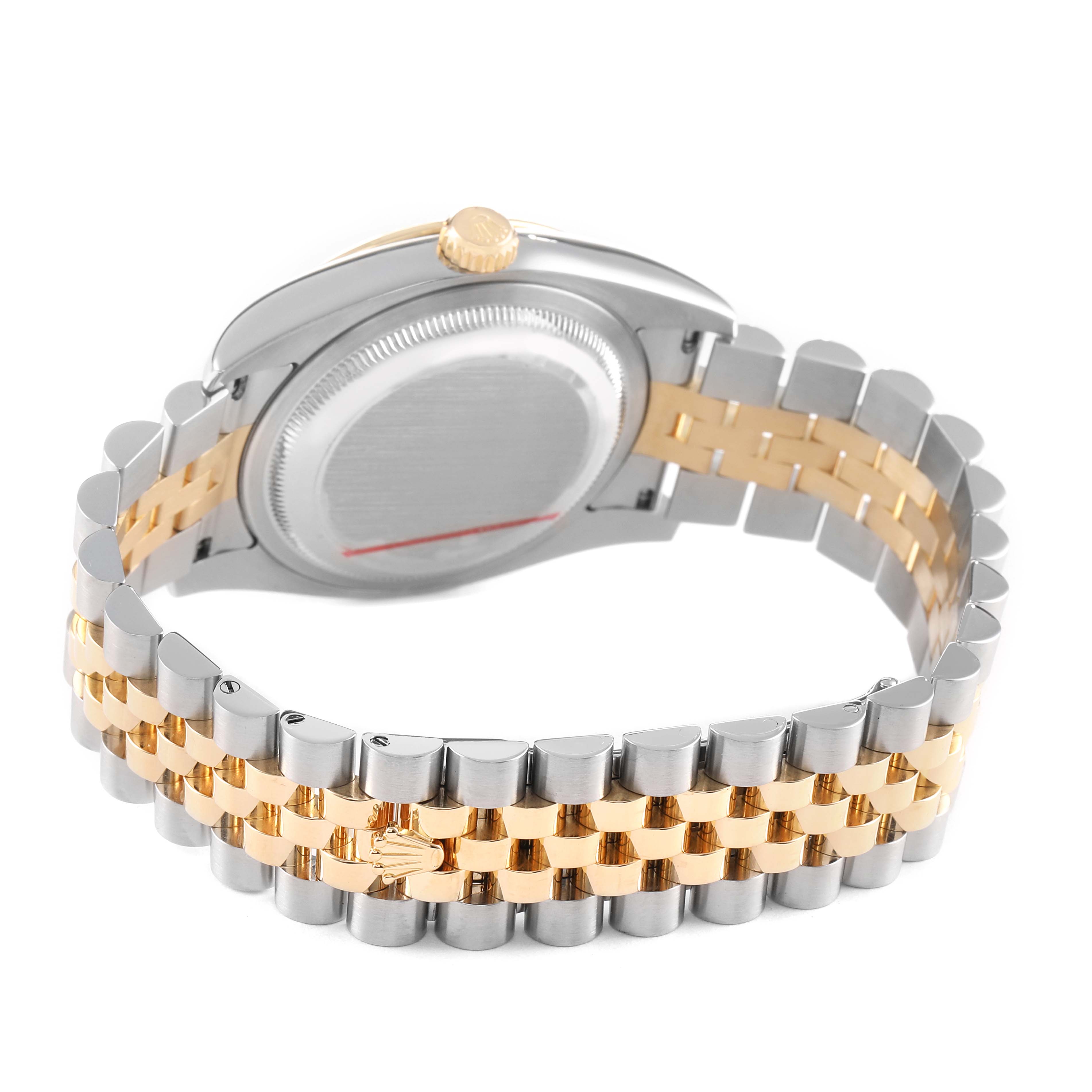 The image shows the back of a Rolex Turn-o-Graph 116263 Men's Steel and Gold (two tone) Grey Dial, highlighting the case back, crown, and two-tone metal bracelet.