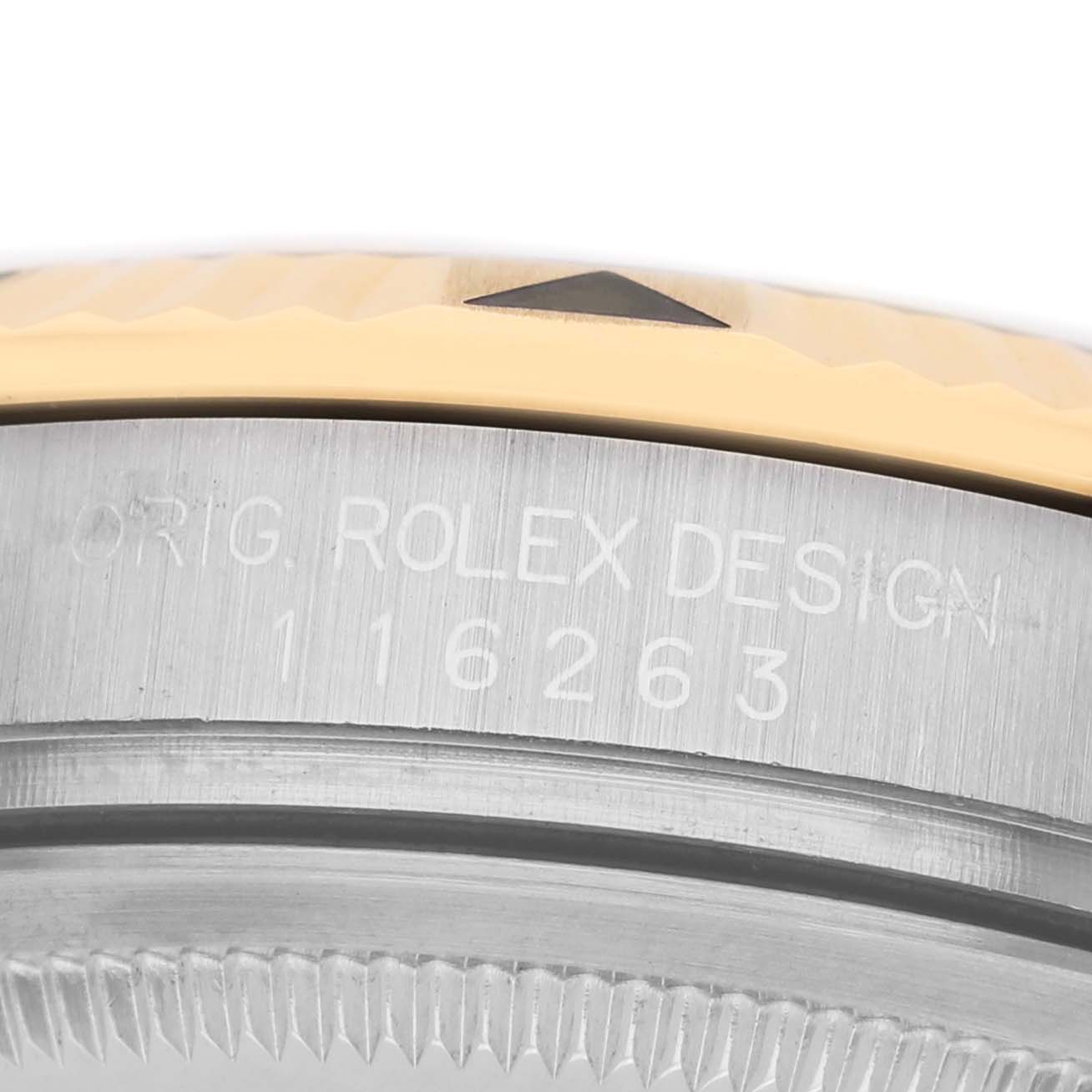 The image shows a close-up of the side of the Turn-o-Graph model by Rolex, highlighting the model number engraving.