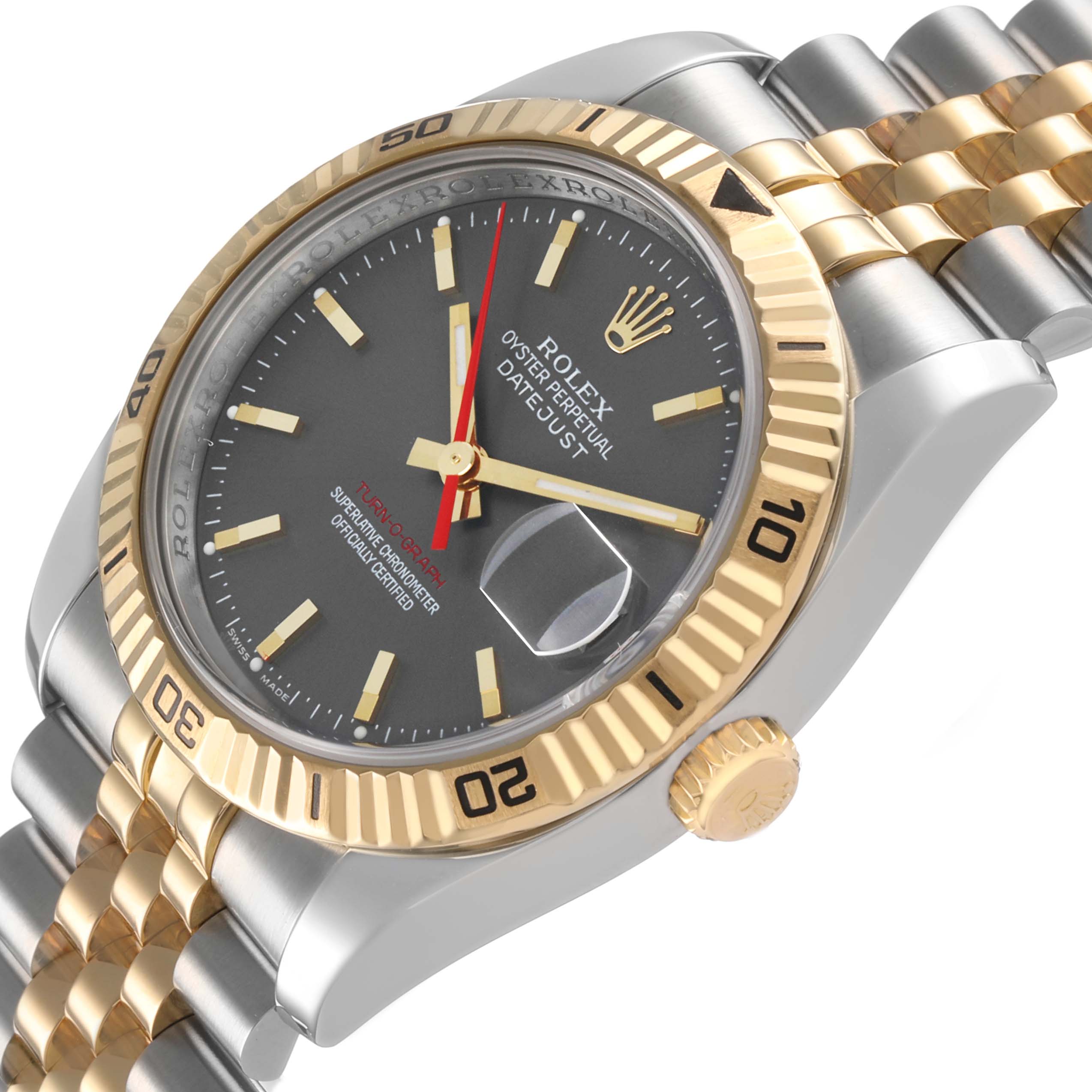 The Rolex Turn-o-Graph 116263 Men's Steel and Gold (two tone) Grey Dial watch is shown at a slightly tilted angle, displaying the dial, fluted bezel, bracelet, and side crown.