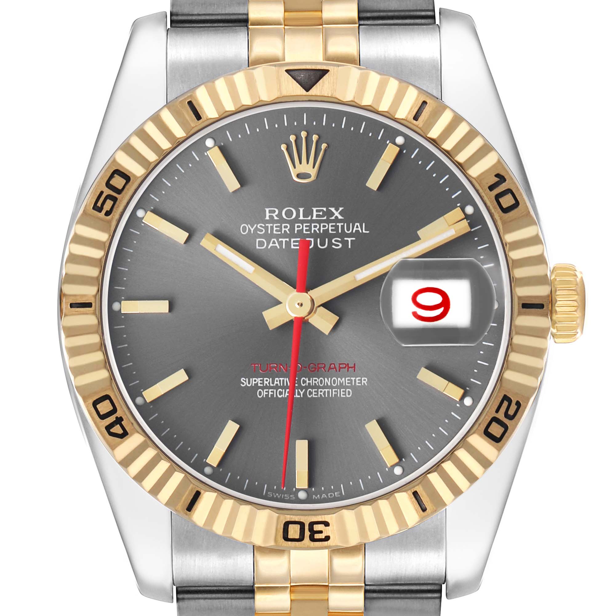 The Rolex Turn-o-Graph 116263 Men's Steel and Gold (two tone) Grey Dial watch is shown from the front, displaying its gold bezel, gray dial, and date window at 3 o'clock.