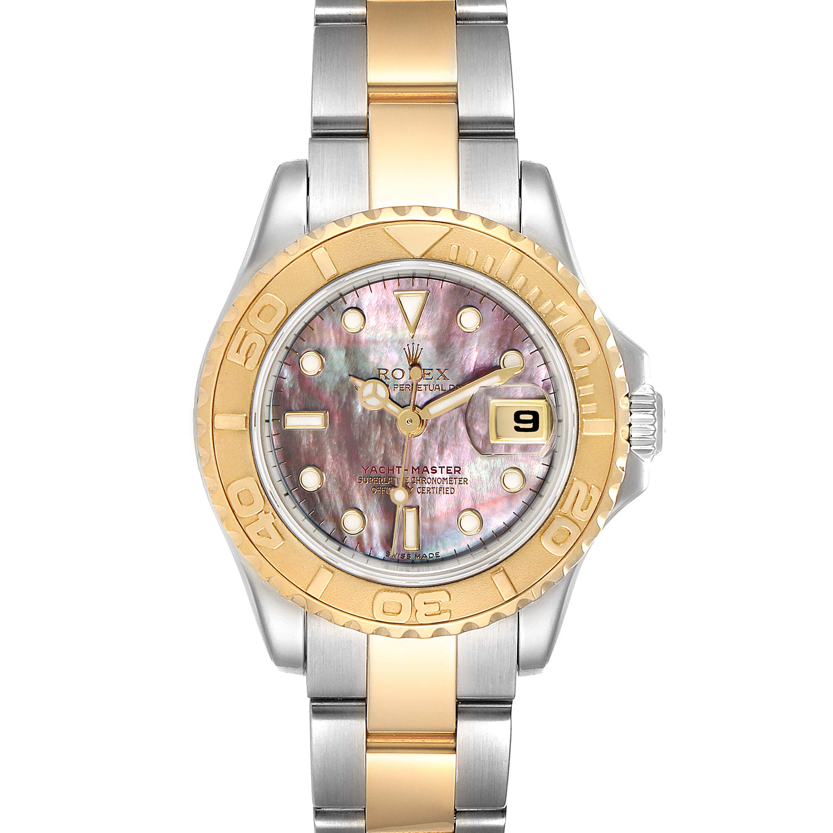 This Rolex Yacht-Master 169623 Women's Steel and Gold (two tone) Mother of Pearl Dial 169623 Women's Steel and Gold (two tone) Mother of Pearl Dial watch is shown from a top-down angle, highlighting its dial, bezel, and bracelet.