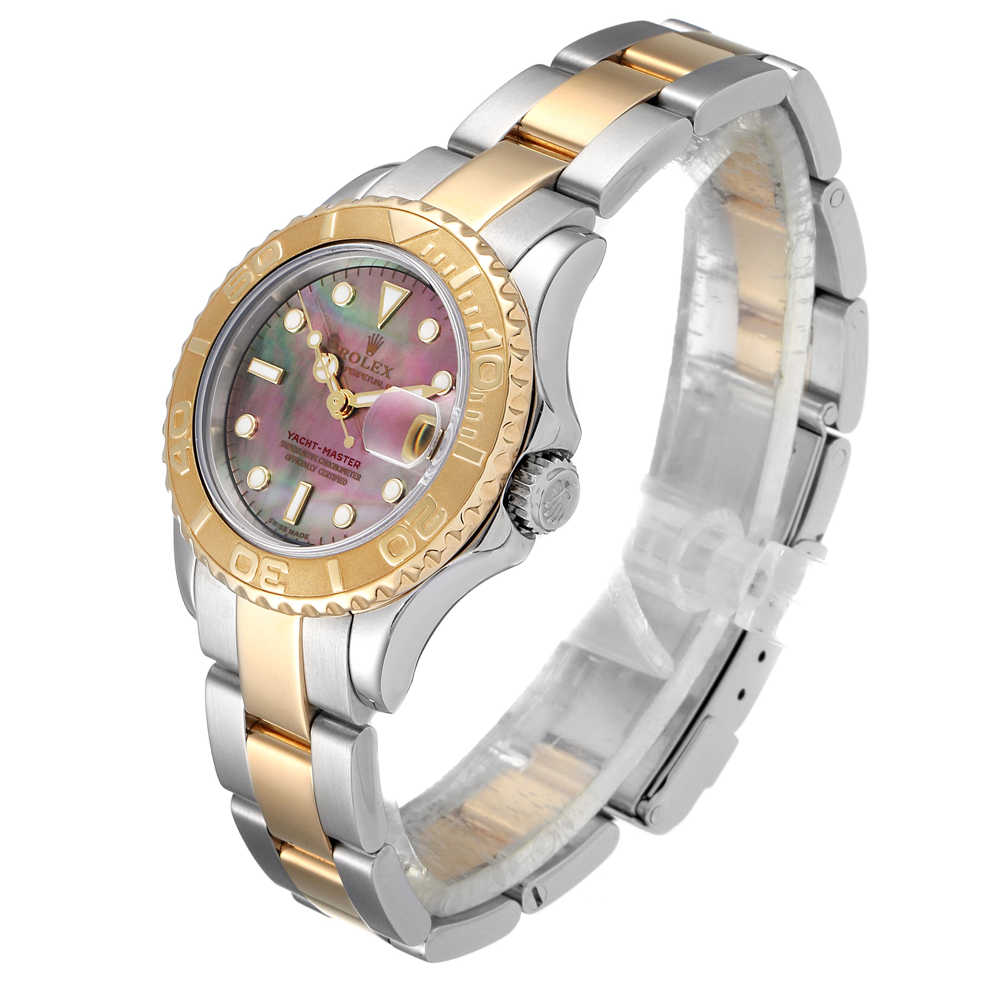 The Rolex Yacht-Master 169623 Women's Steel and Gold (two tone) Mother of Pearl Dial 169623 Women's Steel and Gold (two tone) Mother of Pearl Dial watch is shown at an angled view, highlighting the dial, bezel, crown, and bracelet.