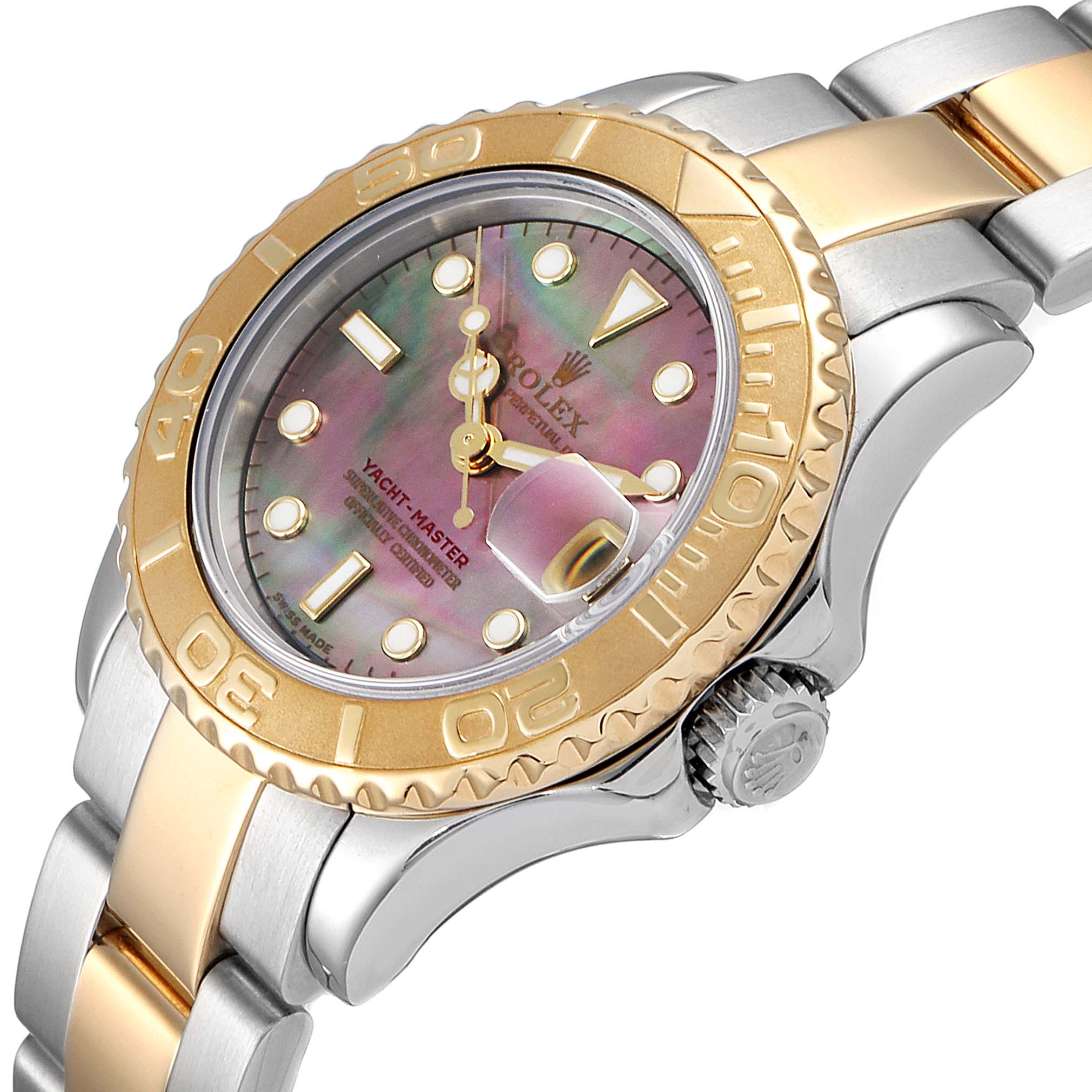 The image shows a close-up angled view of the Rolex Yacht-Master 169623 Women's Steel and Gold (two tone) Mother of Pearl Dial 169623 Women's Steel and Gold (two tone) Mother of Pearl Dial watch, highlighting its bezel, crown, and part of the bracelet.