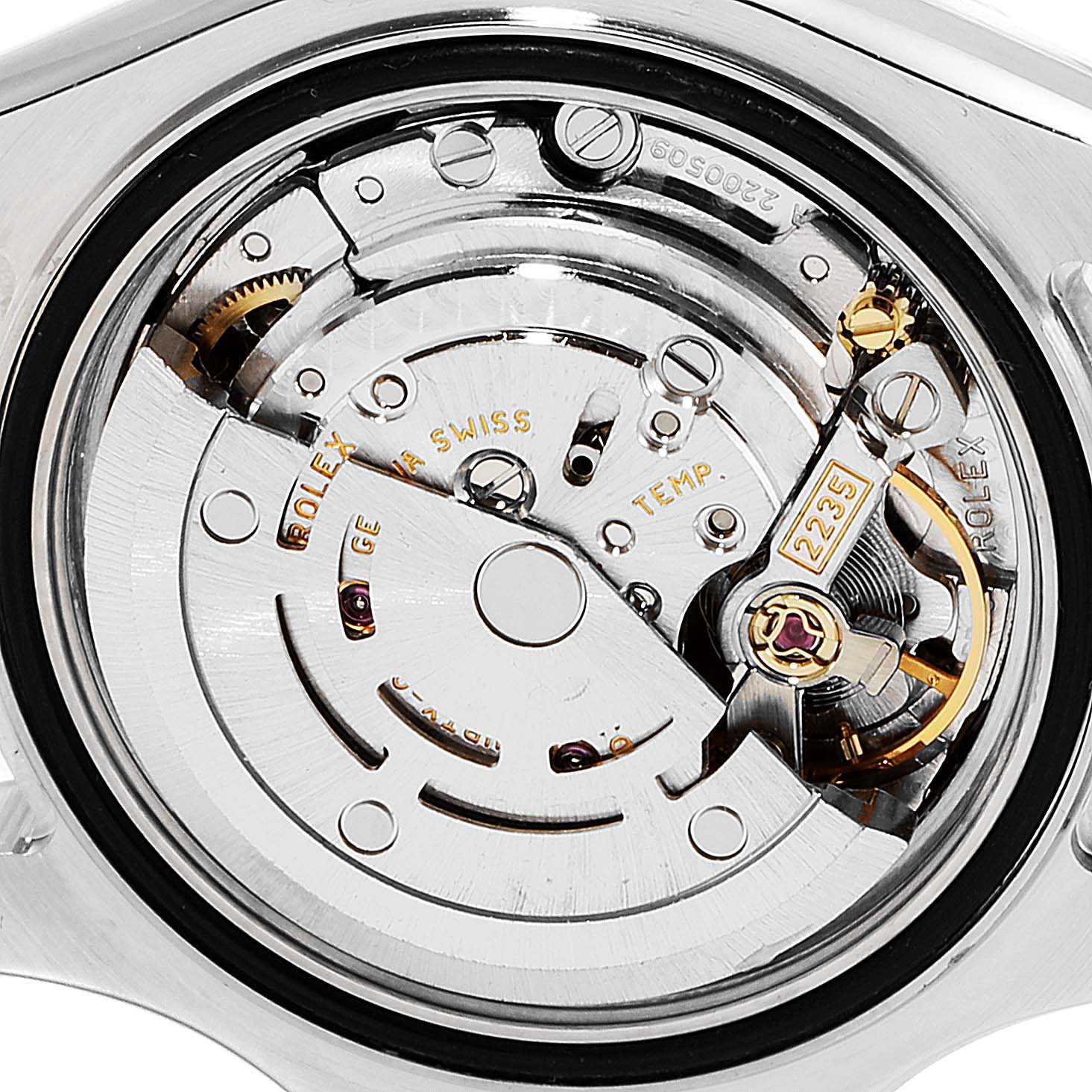 The image shows the internal movement mechanism of the Rolex Yacht-Master 169623 Women's Steel and Gold (two tone) Mother of Pearl Dial 169623 Women's Steel and Gold (two tone) Mother of Pearl Dial watch from a rear angle.