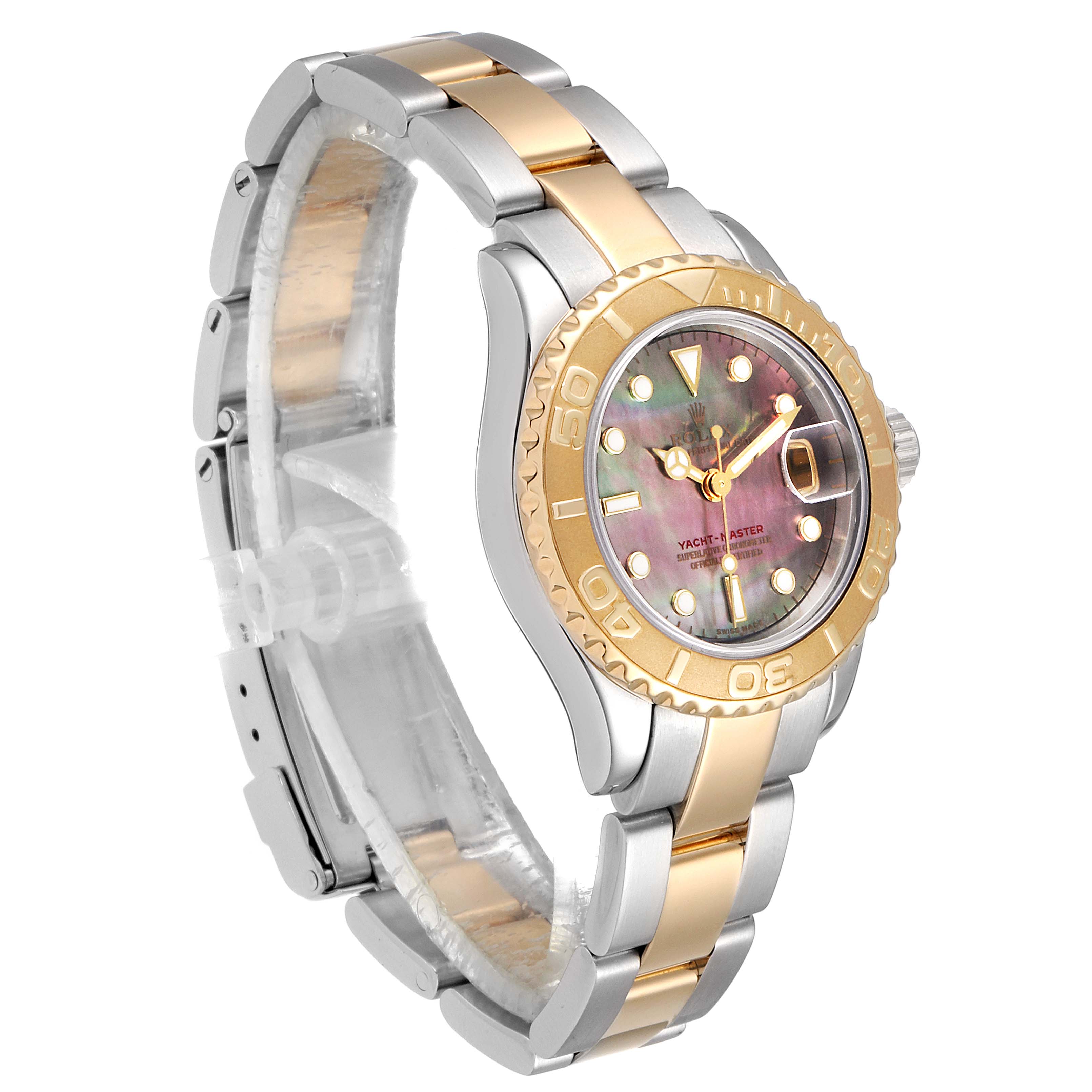 The image shows the front and side angles of a Rolex Yacht-Master 169623 Women's Steel and Gold (two tone) Mother of Pearl Dial 169623 Women's Steel and Gold (two tone) Mother of Pearl Dial watch with a gold and silver two-tone bracelet and bezel.
