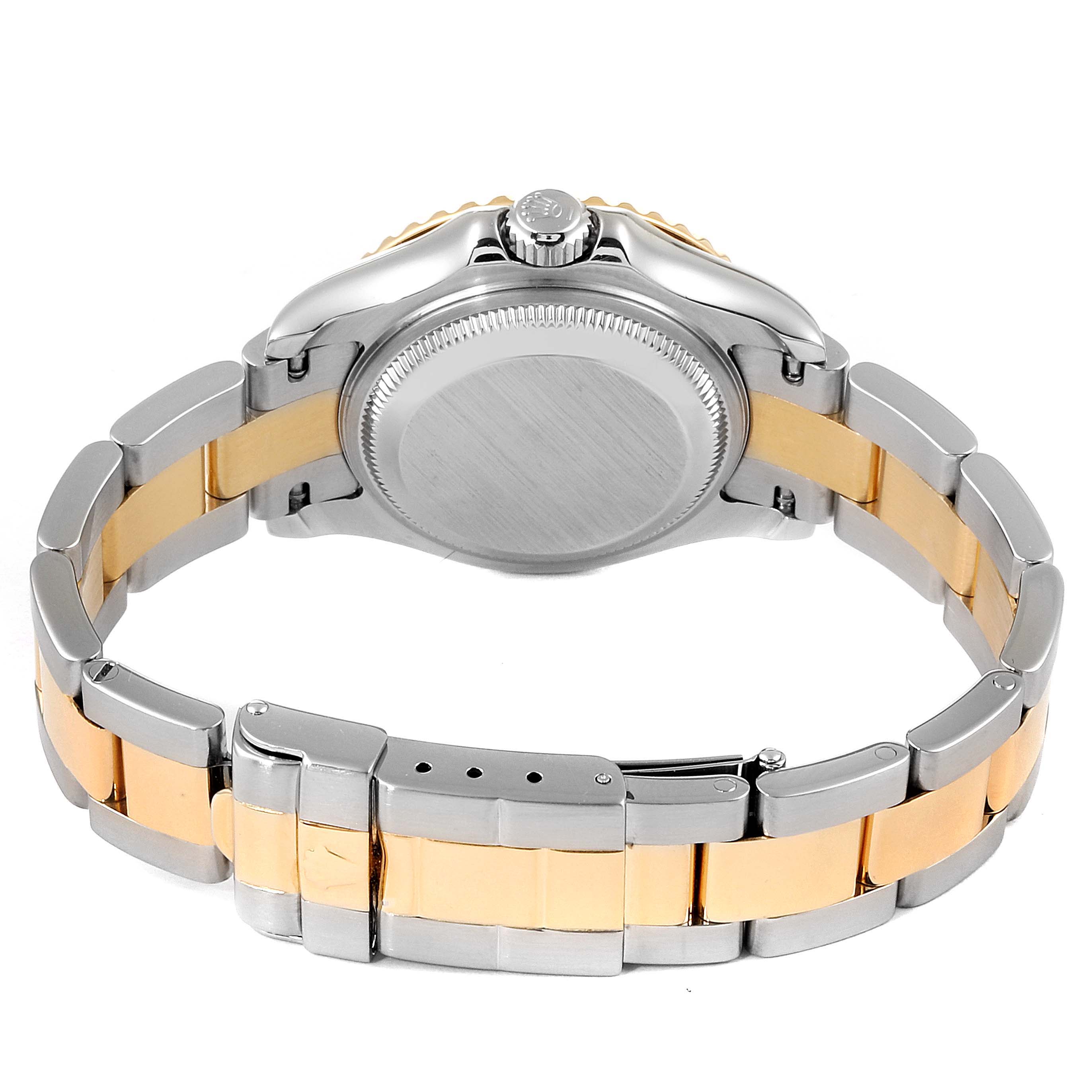 The image shows the back view of a Rolex Yacht-Master 169623 Women's Steel and Gold (two tone) Mother of Pearl Dial 169623 Women's Steel and Gold (two tone) Mother of Pearl Dial watch displaying its two-tone bracelet and case back.