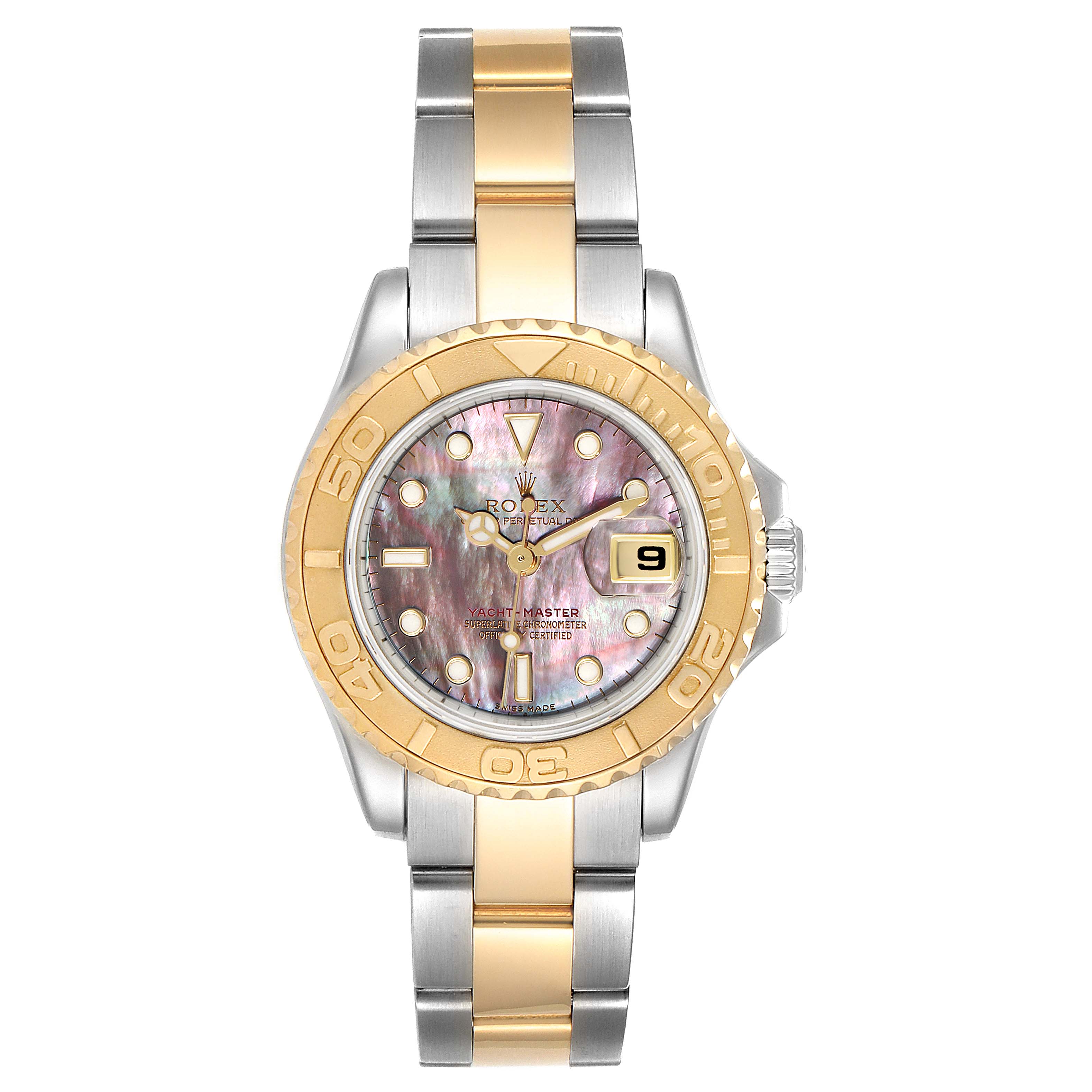 This image shows a front view of the Rolex Yacht-Master 169623 Women's Steel and Gold (two tone) Mother of Pearl Dial 169623 Women's Steel and Gold (two tone) Mother of Pearl Dial watch, highlighting its bezel, dial, and bracelet.