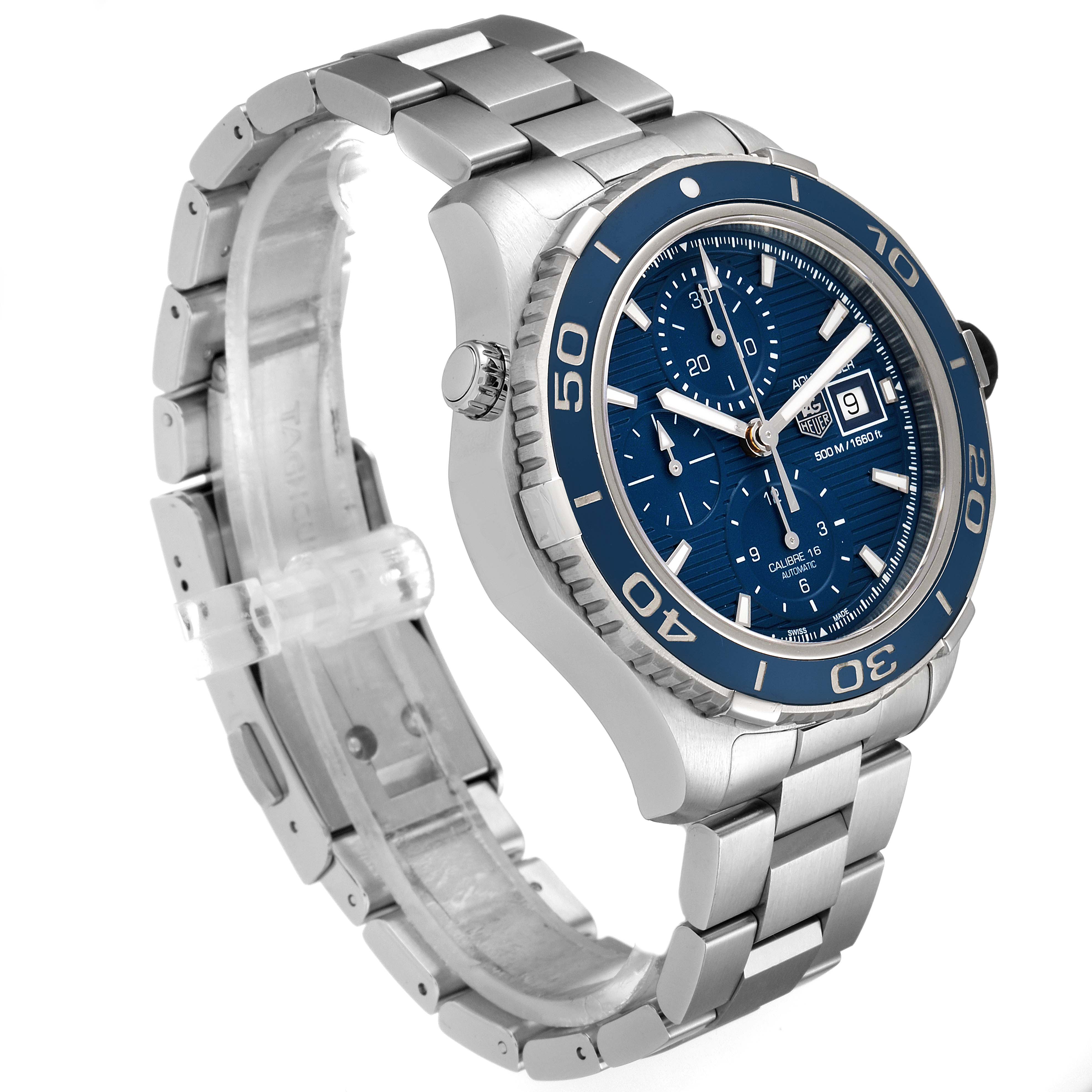 The image shows a side angle of the Tag Heuer Aquaracer CAK2112.BA0833 Men's Stainless Steel Blue Dial CAK2112.BA0833 Men's Stainless Steel Blue Dial watch, displaying its stainless steel band and blue dial.