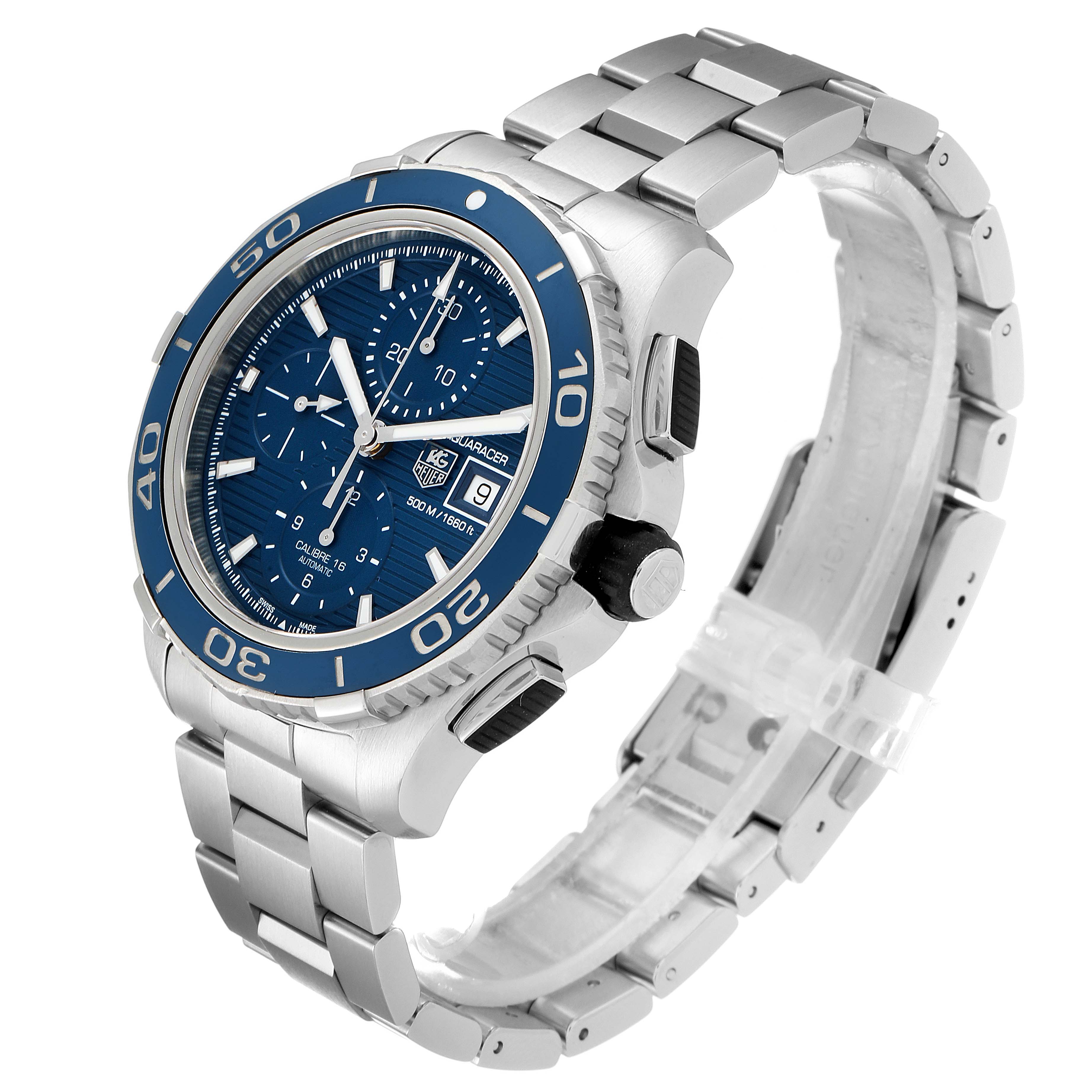This image shows a Tag Heuer Aquaracer CAK2112.BA0833 Men's Stainless Steel Blue Dial CAK2112.BA0833 Men's Stainless Steel Blue Dial watch angled to display its face, bezel, bracelet, and crown.