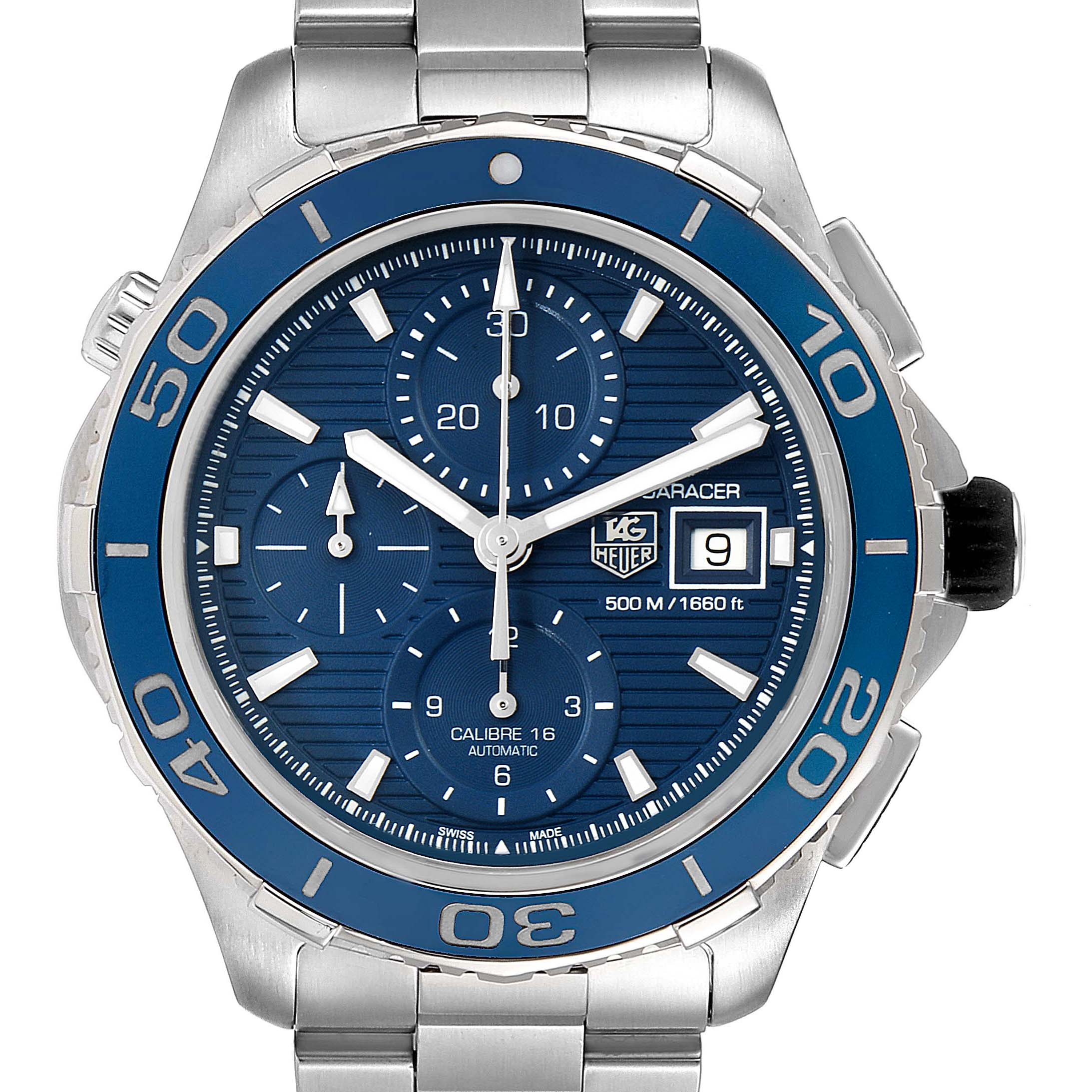 The image shows a front view of a Tag Heuer Aquaracer CAK2112.BA0833 Men's Stainless Steel Blue Dial CAK2112.BA0833 Men's Stainless Steel Blue Dial watch with a blue dial, bezel, and date display.