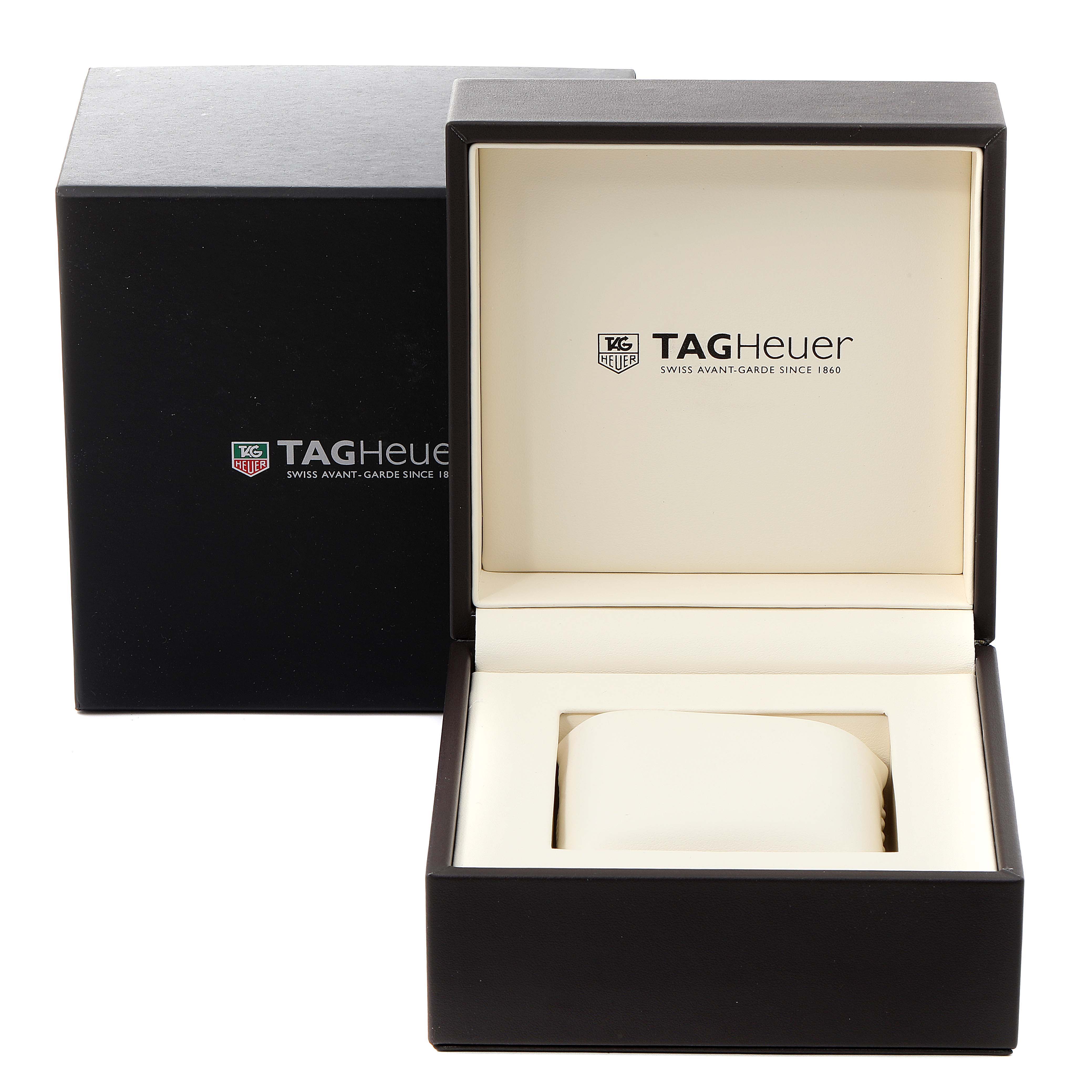 The image shows the open presentation box for a Tag Heuer Aquaracer CAK2112.BA0833 Men's Stainless Steel Blue Dial CAK2112.BA0833 Men's Stainless Steel Blue Dial watch, revealing its branded interior.