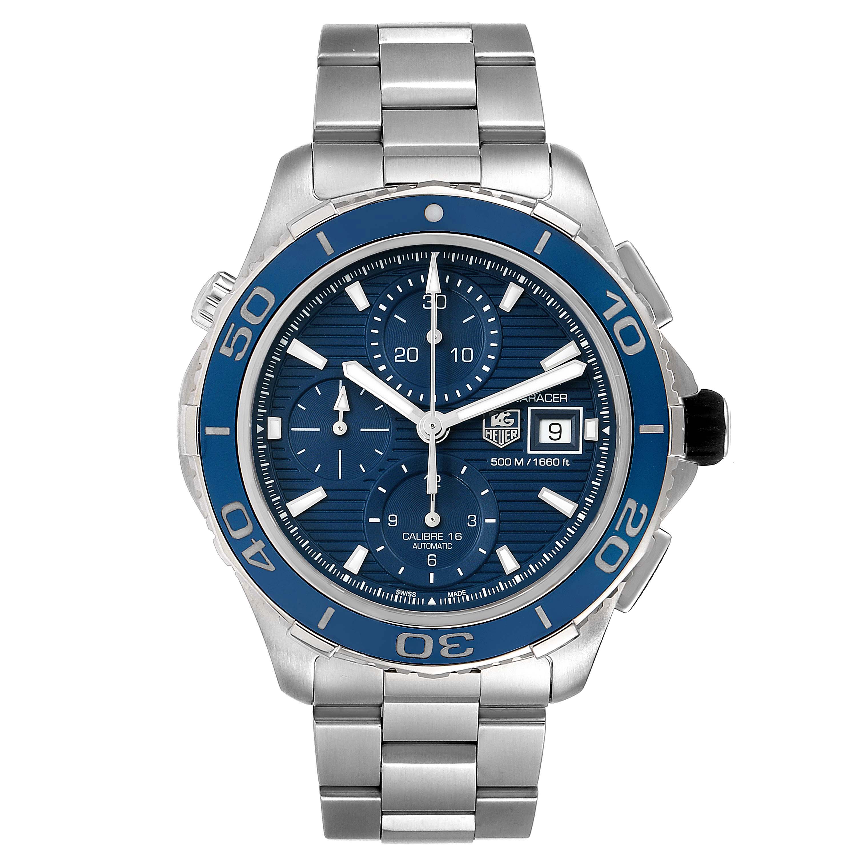 This image shows a front view of the Tag Heuer Aquaracer CAK2112.BA0833 Men
s Stainless Steel Blue Dial CAK2112.BA0833 Men
s Stainless Steel Blue Dial watch, highlighting its dial, bezel, and bracelet.