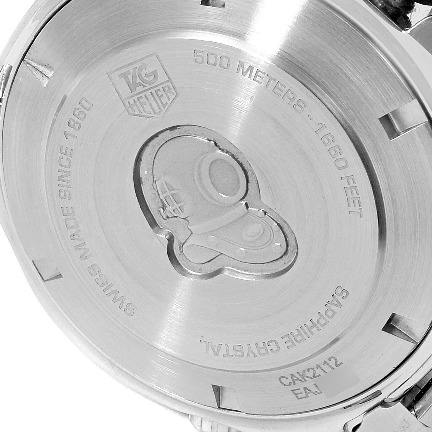 This image shows the case back of a Tag Heuer Aquaracer CAK2112.BA0833 Men
s Stainless Steel Blue Dial CAK2112.BA0833 Men
s Stainless Steel Blue Dial watch, displaying engravings and a diver helmet design.