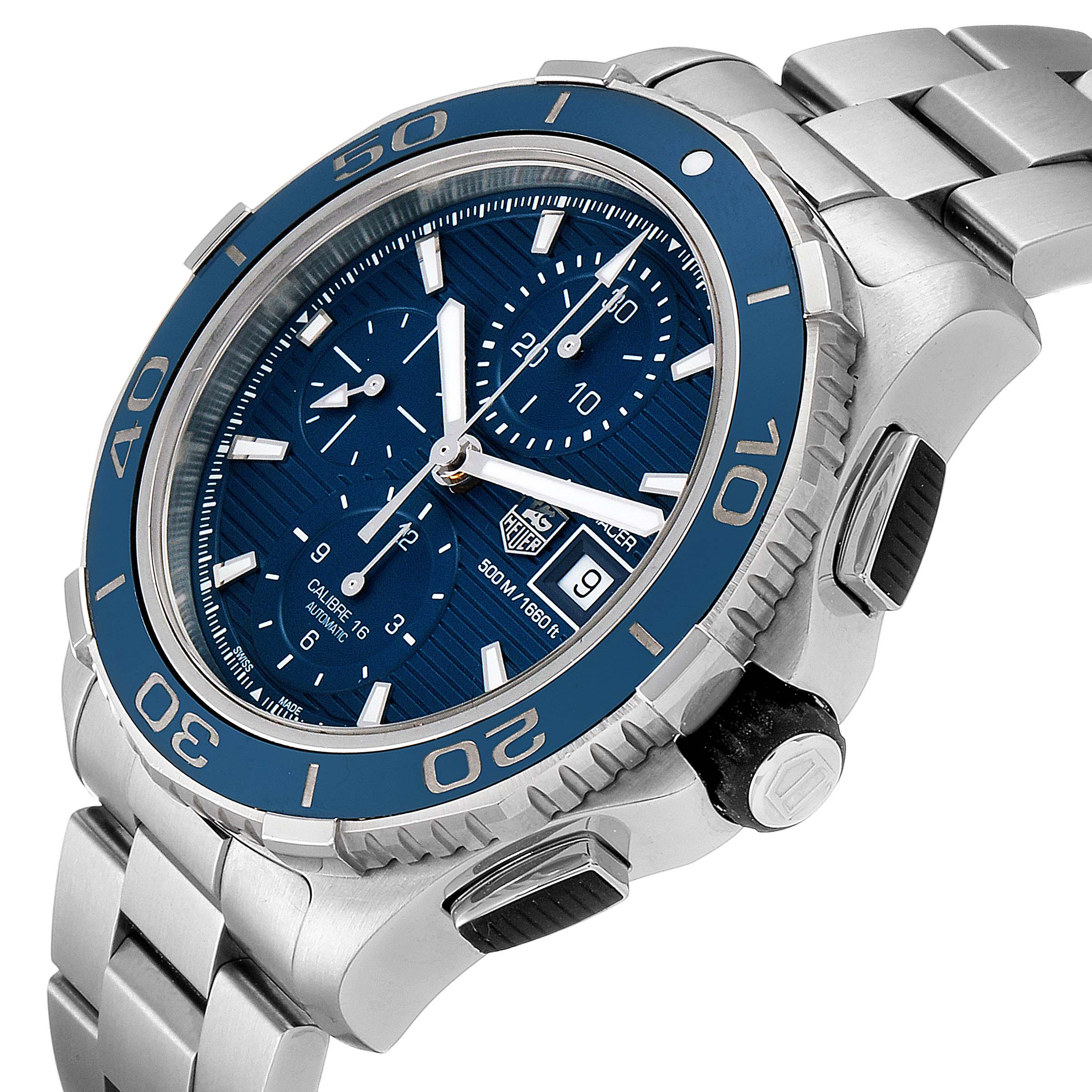 The image shows a close-up angle of a Tag Heuer Aquaracer CAK2112.BA0833 Men
s Stainless Steel Blue Dial CAK2112.BA0833 Men
s Stainless Steel Blue Dial watch, highlighting the bezel, dial, and bracelet.