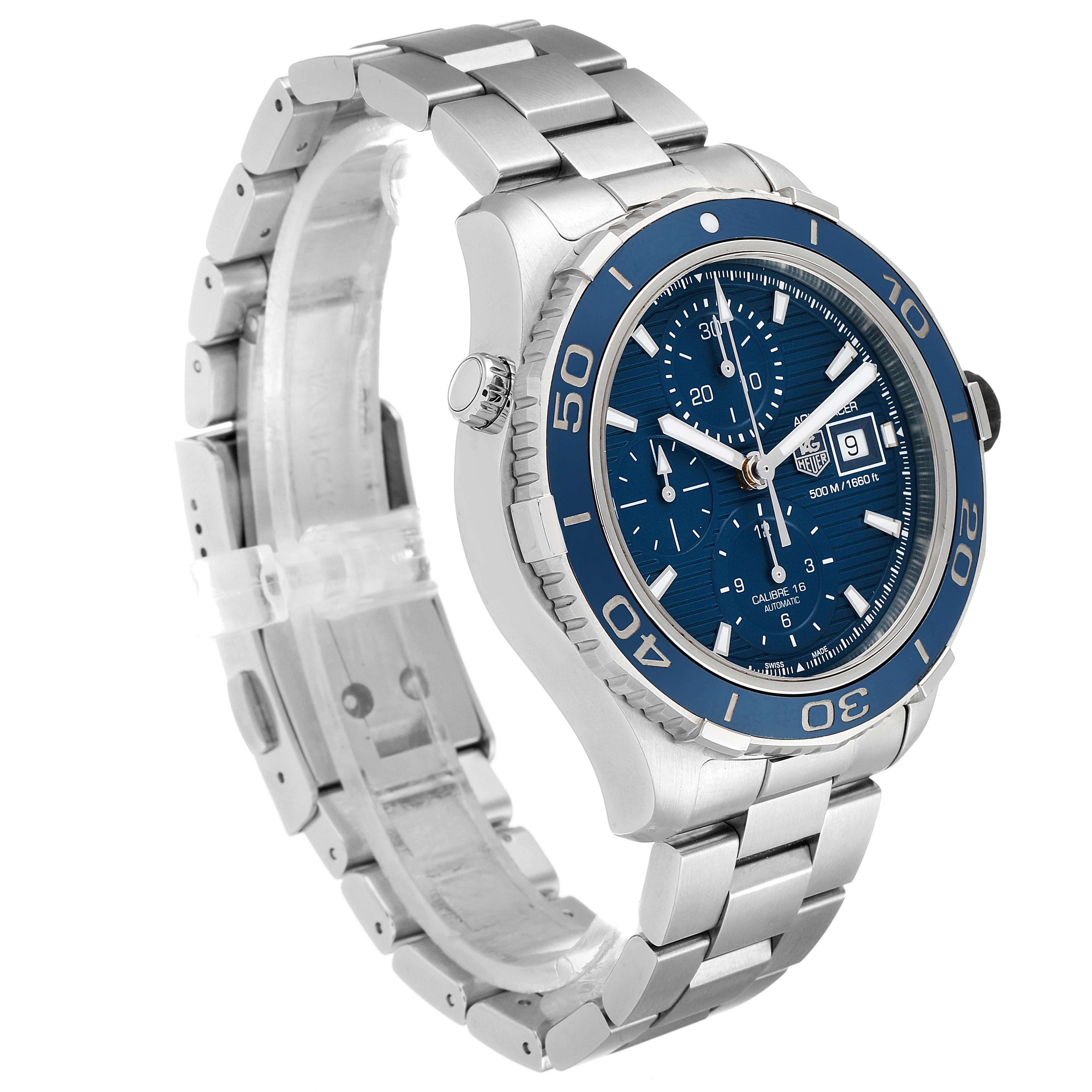 The image shows a side angle of the Tag Heuer Aquaracer CAK2112.BA0833 Men
s Stainless Steel Blue Dial CAK2112.BA0833 Men
s Stainless Steel Blue Dial watch, highlighting its blue bezel, blue dial, and stainless steel bracelet.