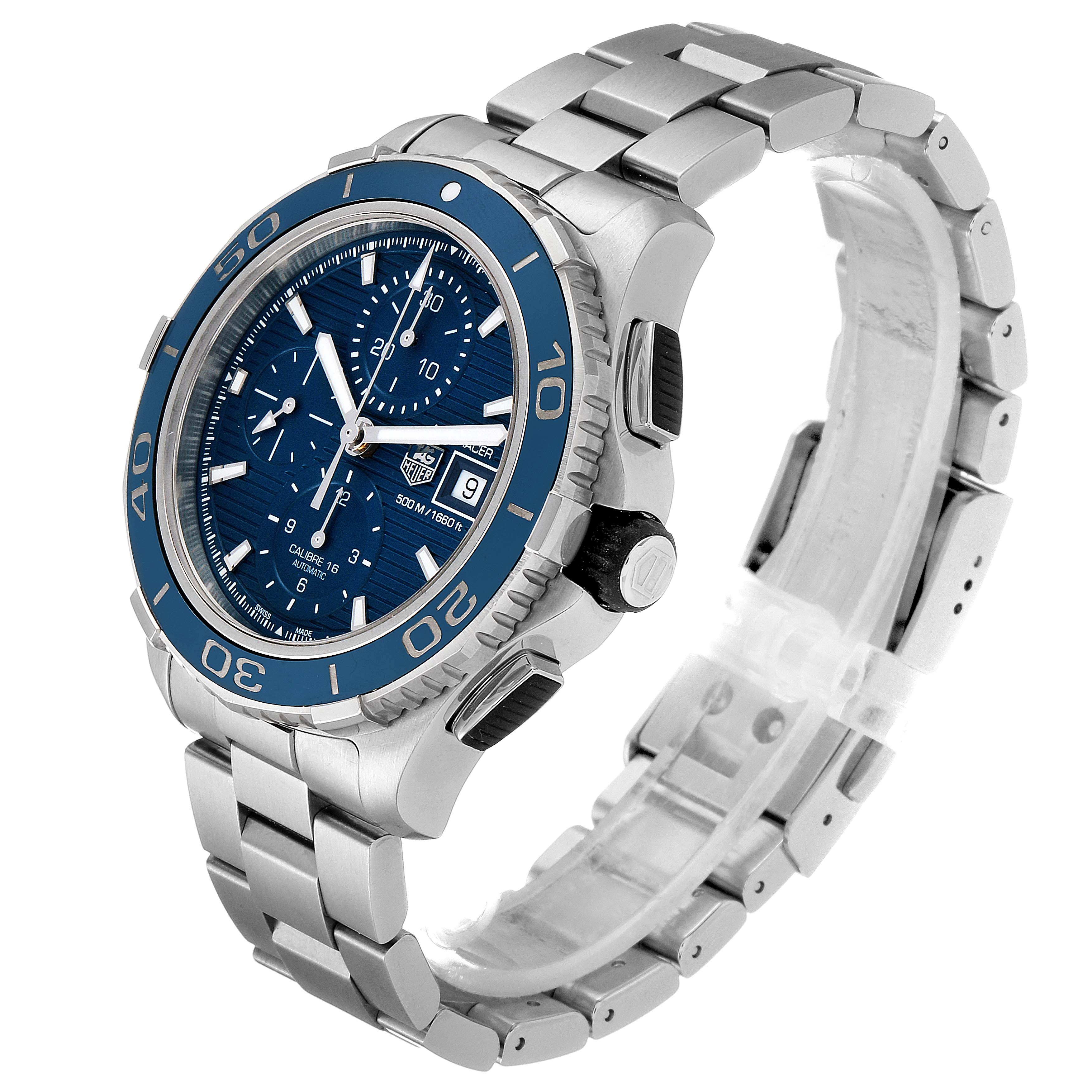 The image shows a side angle of a Tag Heuer Aquaracer CAK2112.BA0833 Men
s Stainless Steel Blue Dial CAK2112.BA0833 Men
s Stainless Steel Blue Dial watch, highlighting the face, bezel, crown, and metal bracelet.