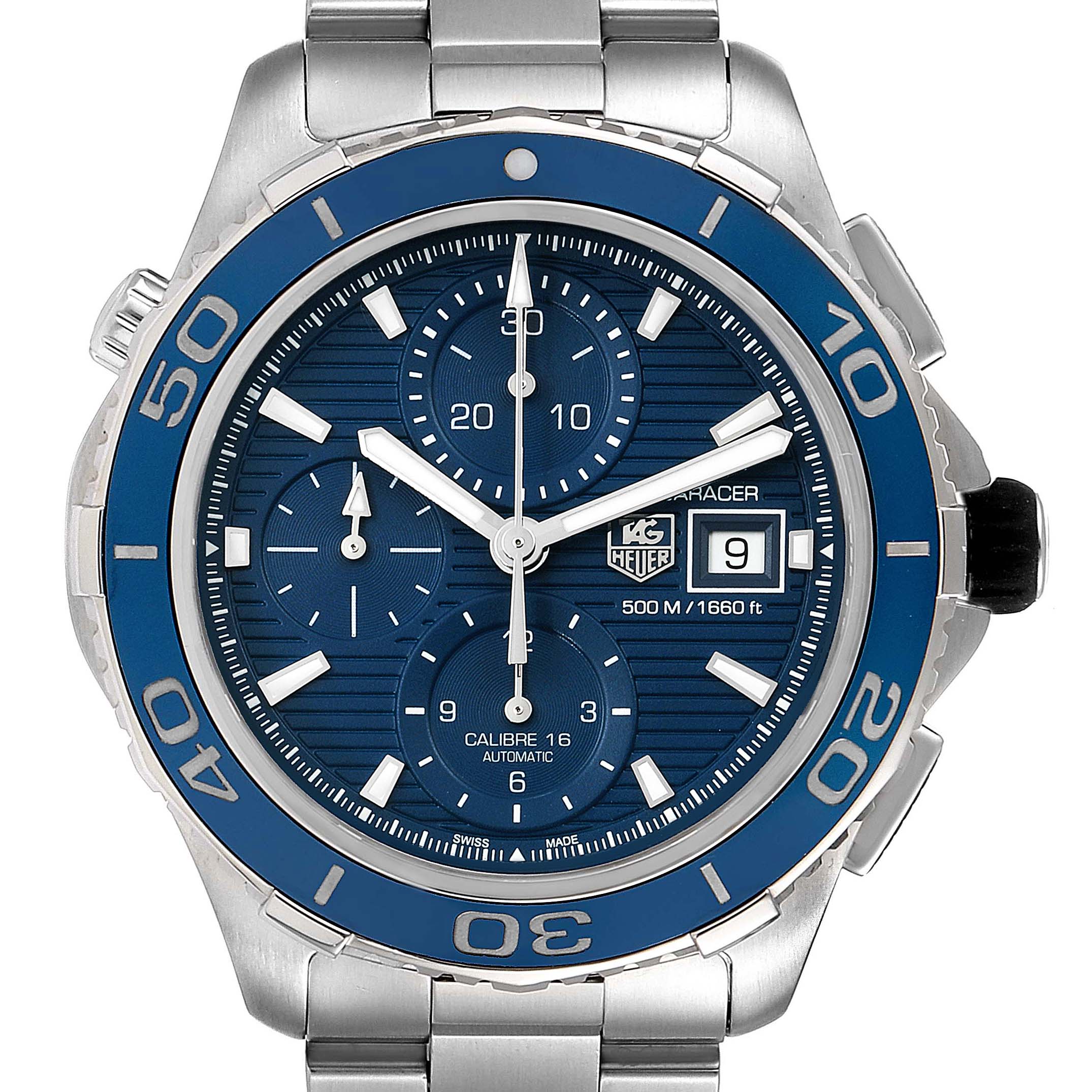 The image shows a front view of a Tag Heuer Aquaracer CAK2112.BA0833 Men
s Stainless Steel Blue Dial CAK2112.BA0833 Men
s Stainless Steel Blue Dial watch, highlighting its face, bezel, and bracelet.