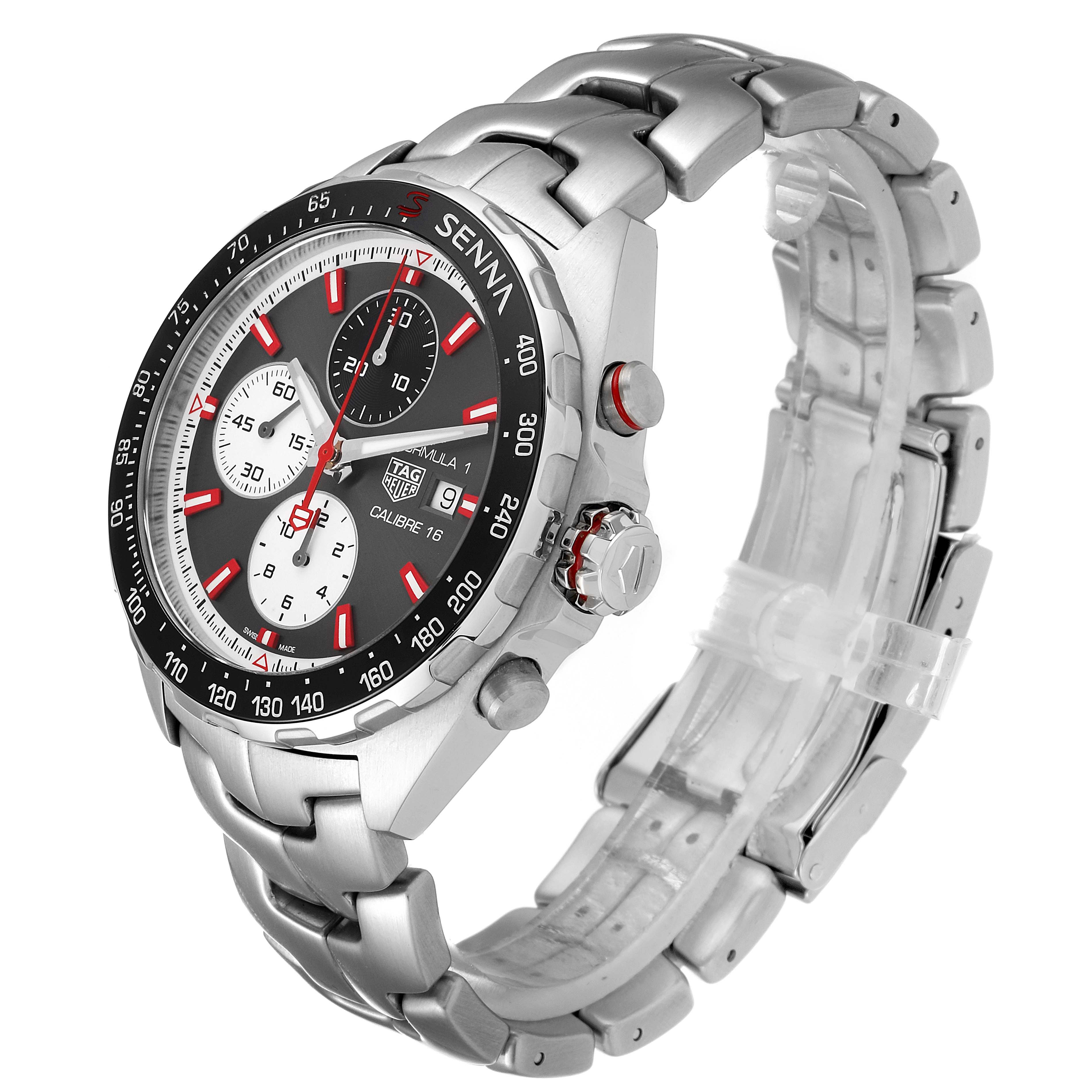 The Tag Heuer Formula 1 CAZ2017.BA0647 Men's Stainless Steel Grey Dial CAZ2017.BA0647 Men's Stainless Steel Grey Dial watch is shown at a tilted angle, displaying the bracelet, crown, bezel, and face with subdials.