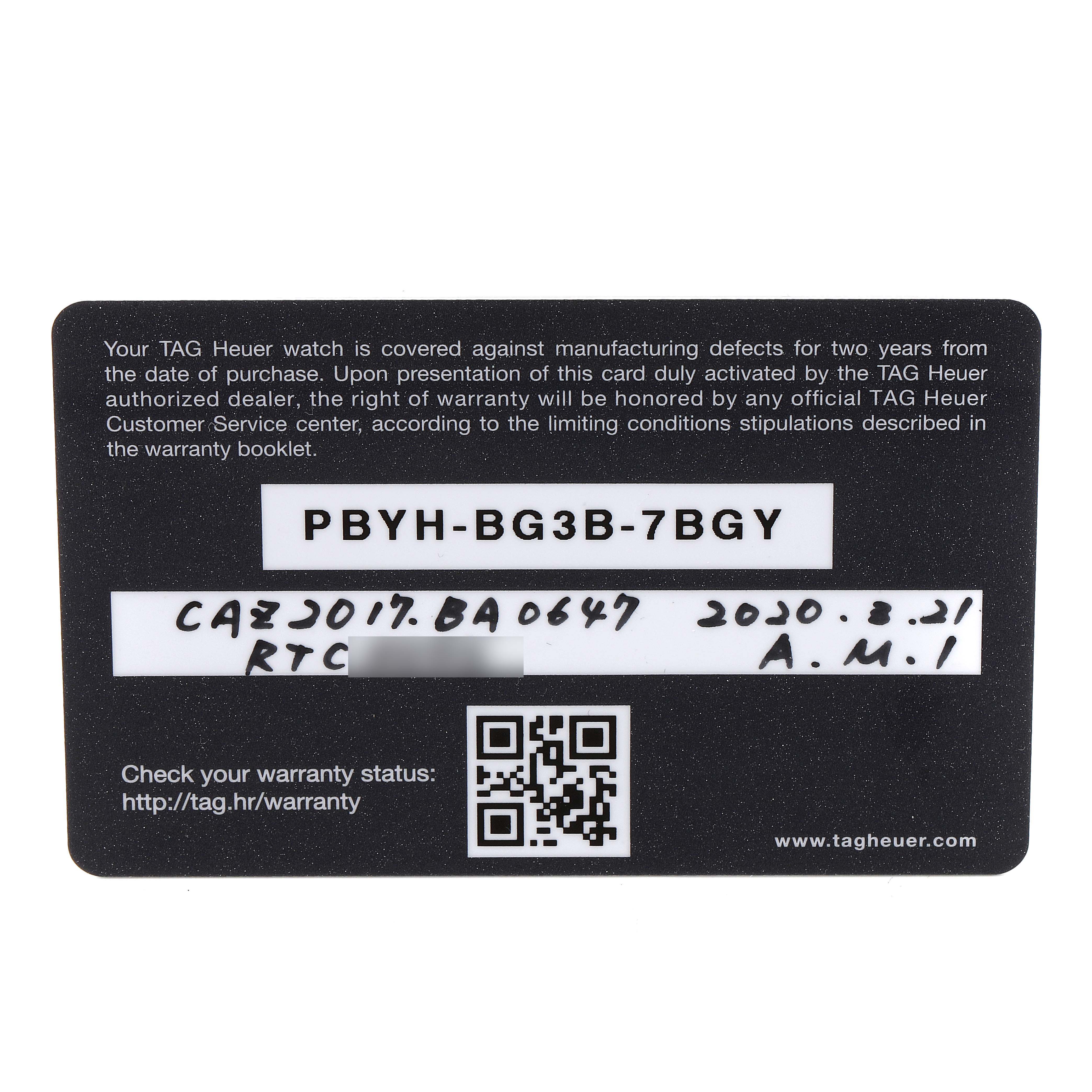 This image shows the warranty card for the Tag Heuer Formula 1 CAZ2017.BA0647 Men's Stainless Steel Grey Dial CAZ2017.BA0647 Men's Stainless Steel Grey Dial model watch.