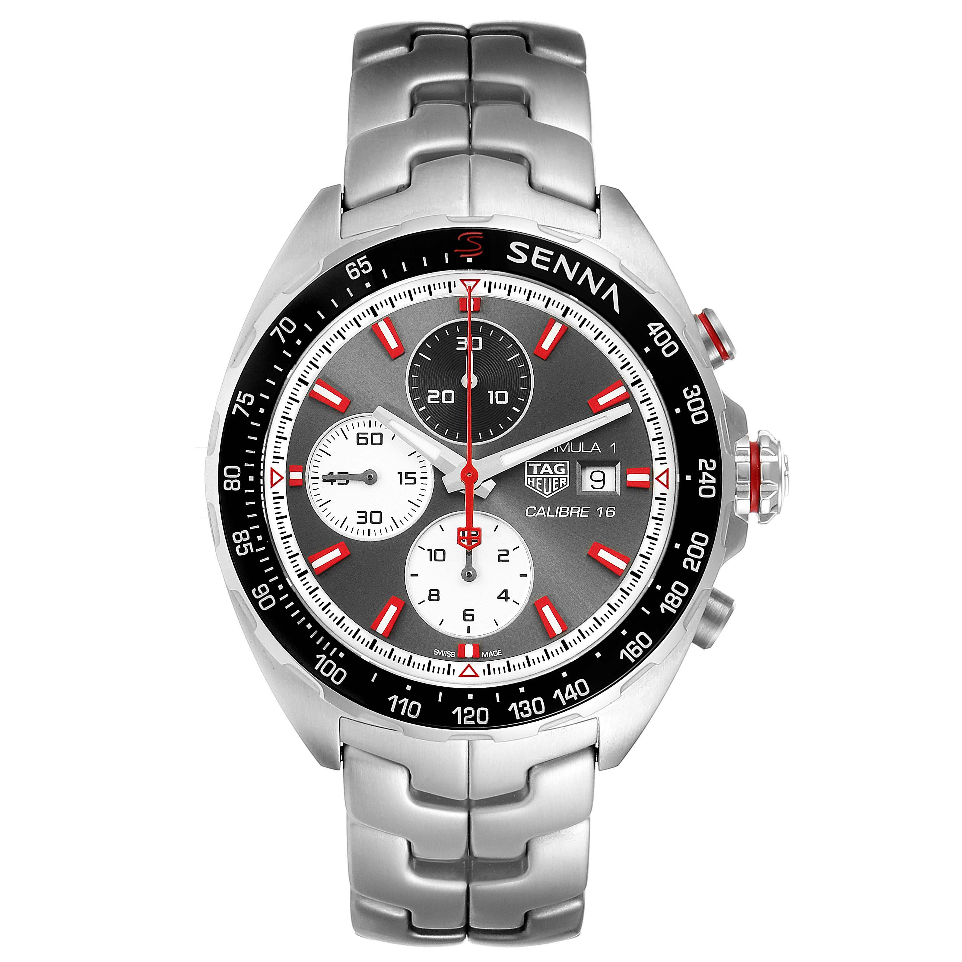 The image shows a front view of the Tag Heuer Formula 1 CAZ2017.BA0647 Men's Stainless Steel Grey Dial CAZ2017.BA0647 Men's Stainless Steel Grey Dial model watch, highlighting its dial, bezel, and metal bracelet.