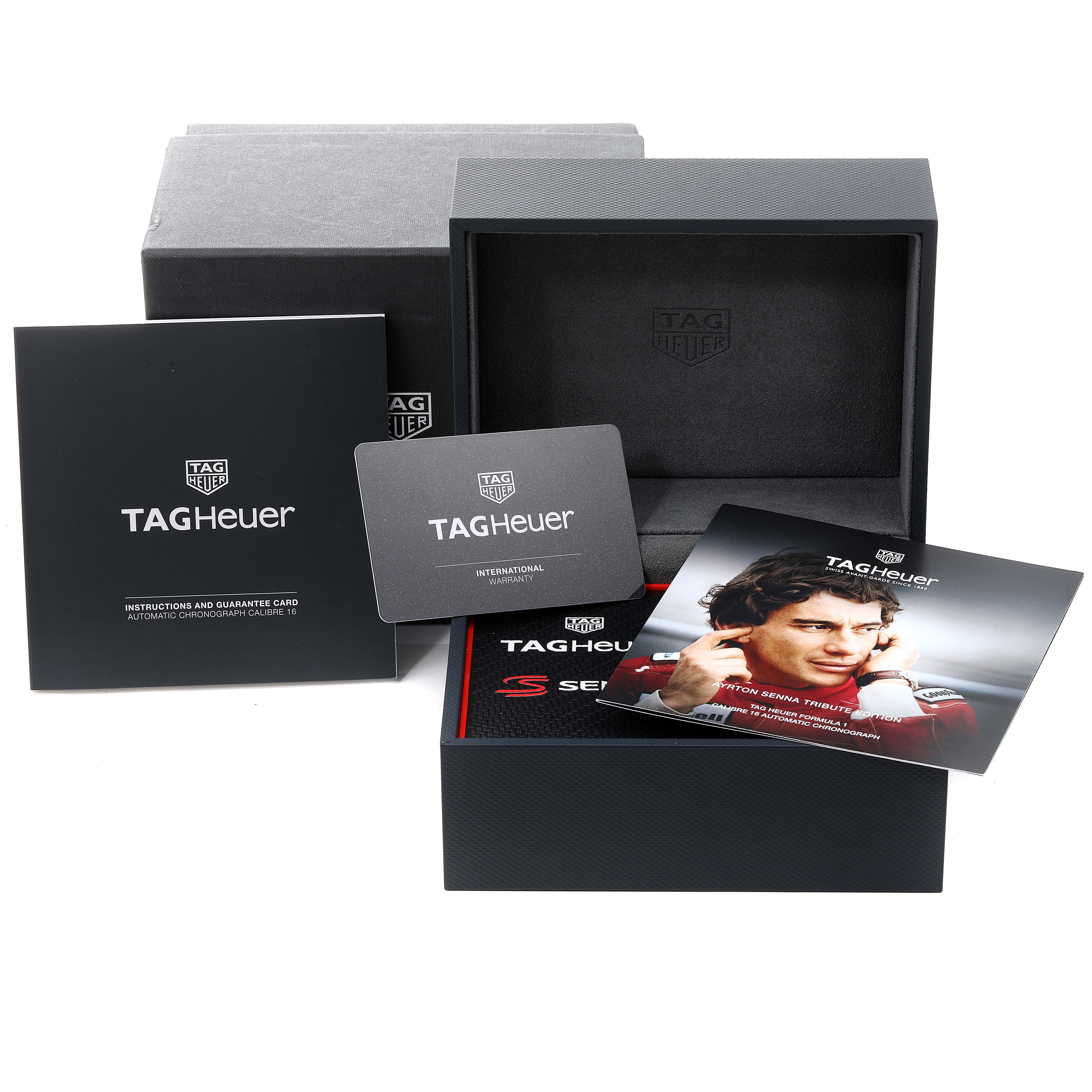 The image shows a Tag Heuer Formula 1 CAZ2017.BA0647 Men's Stainless Steel Grey Dial CAZ2017.BA0647 Men's Stainless Steel Grey Dial watch box, instruction manual, warranty card, and promotional material.