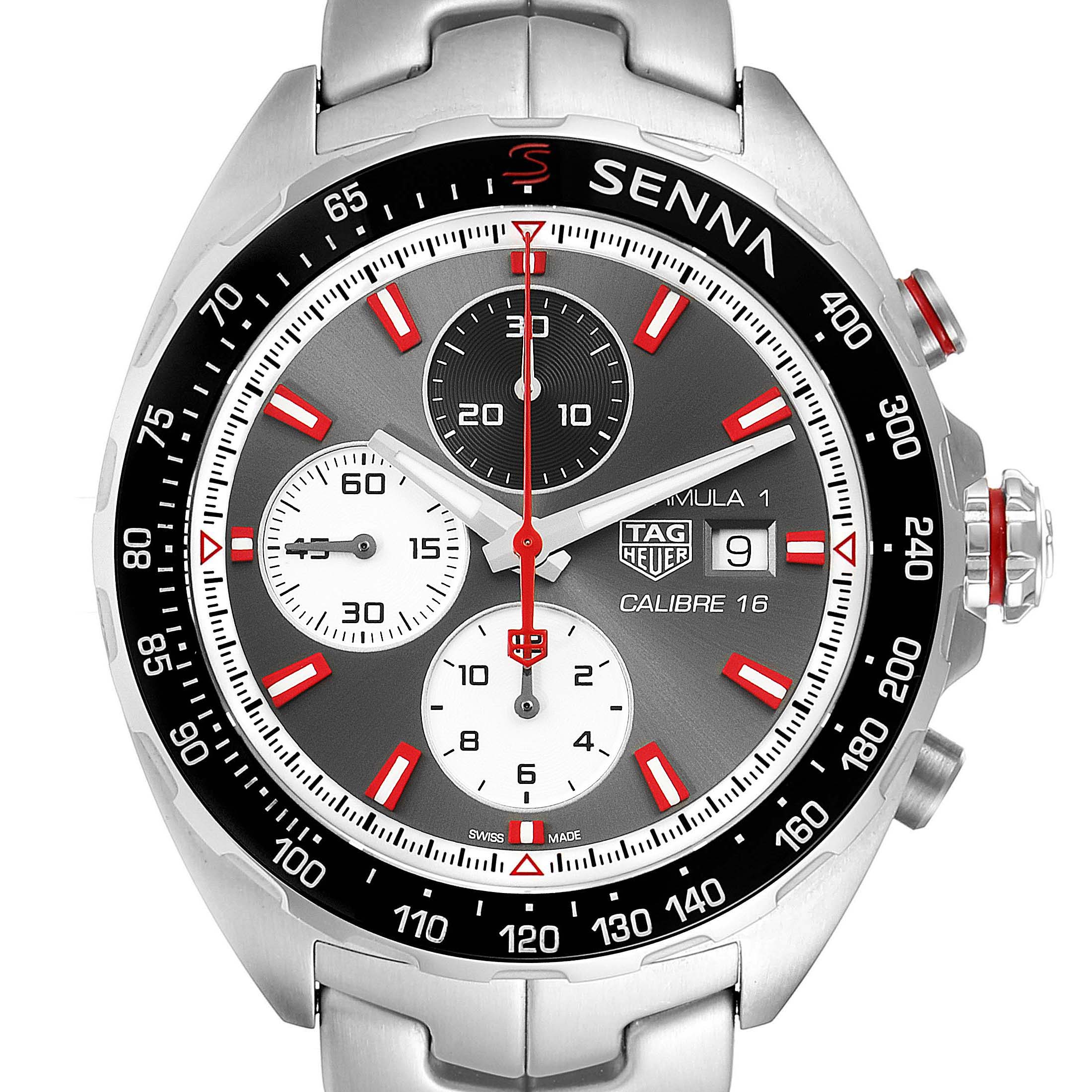 The image shows a close-up of the Tag Heuer Formula 1 CAZ2017.BA0647 Men's Stainless Steel Grey Dial CAZ2017.BA0647 Men's Stainless Steel Grey Dial watch face, highlighting its dials and bezel.