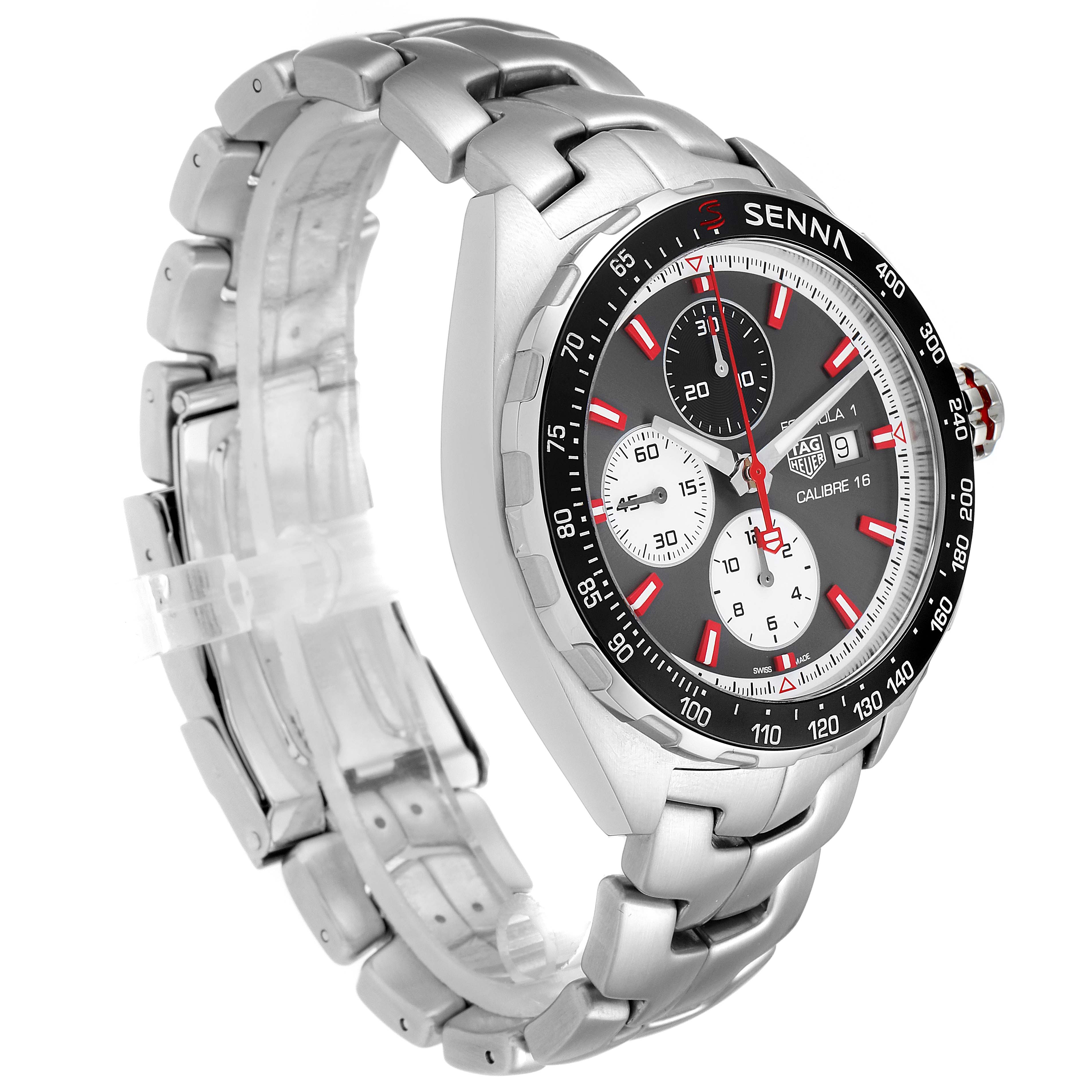 The angled shot shows the dial and bezel, screwed-down crown, and metal link bracelet of the Tag Heuer Formula 1 CAZ2017.BA0647 Men's Stainless Steel Grey Dial CAZ2017.BA0647 Men's Stainless Steel Grey Dial watch.