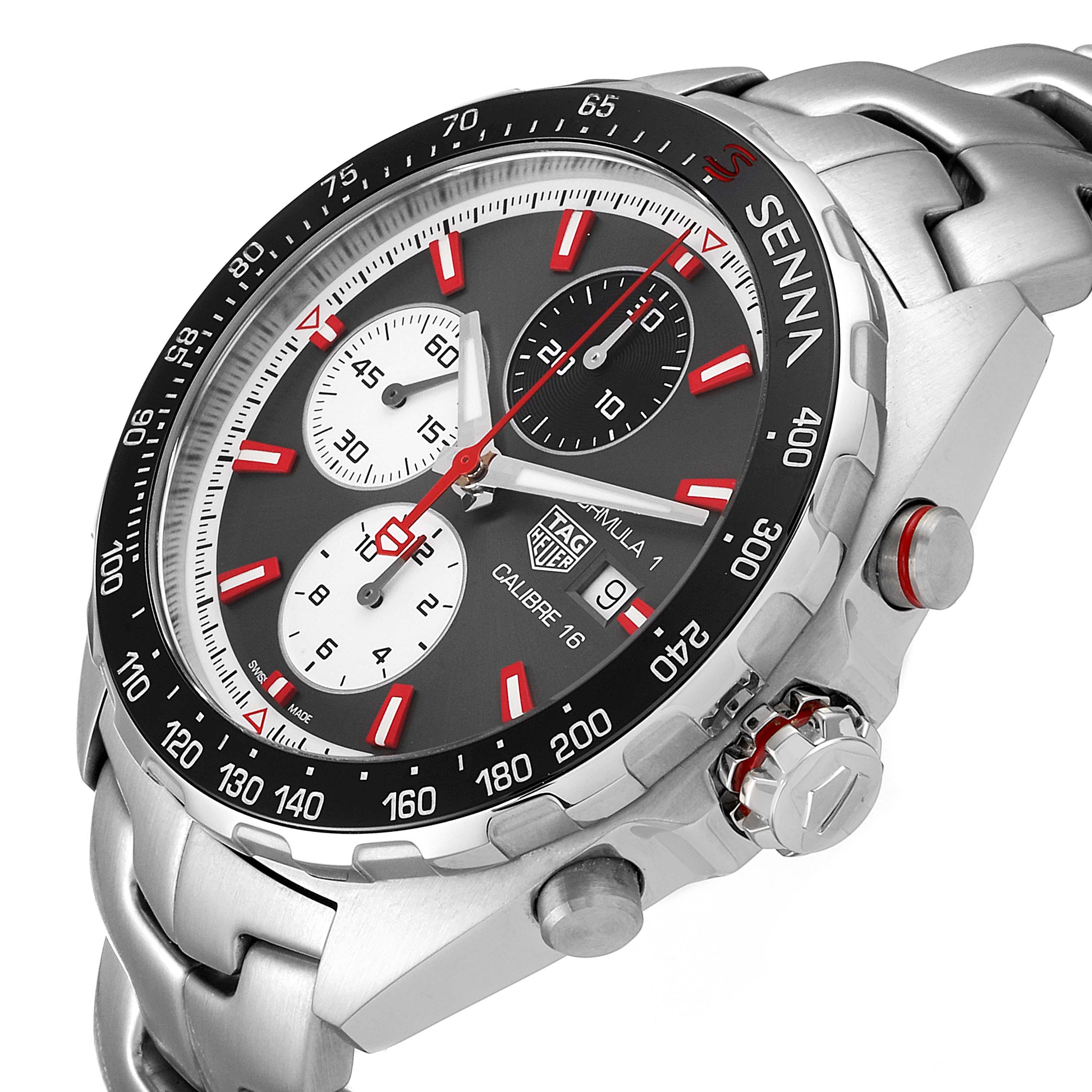 This Tag Heuer Formula 1 CAZ2017.BA0647 Men's Stainless Steel Grey Dial CAZ2017.BA0647 Men's Stainless Steel Grey Dial watch is shown at an angle highlighting the face, bezel, crown, pushers, and part of the metal bracelet.