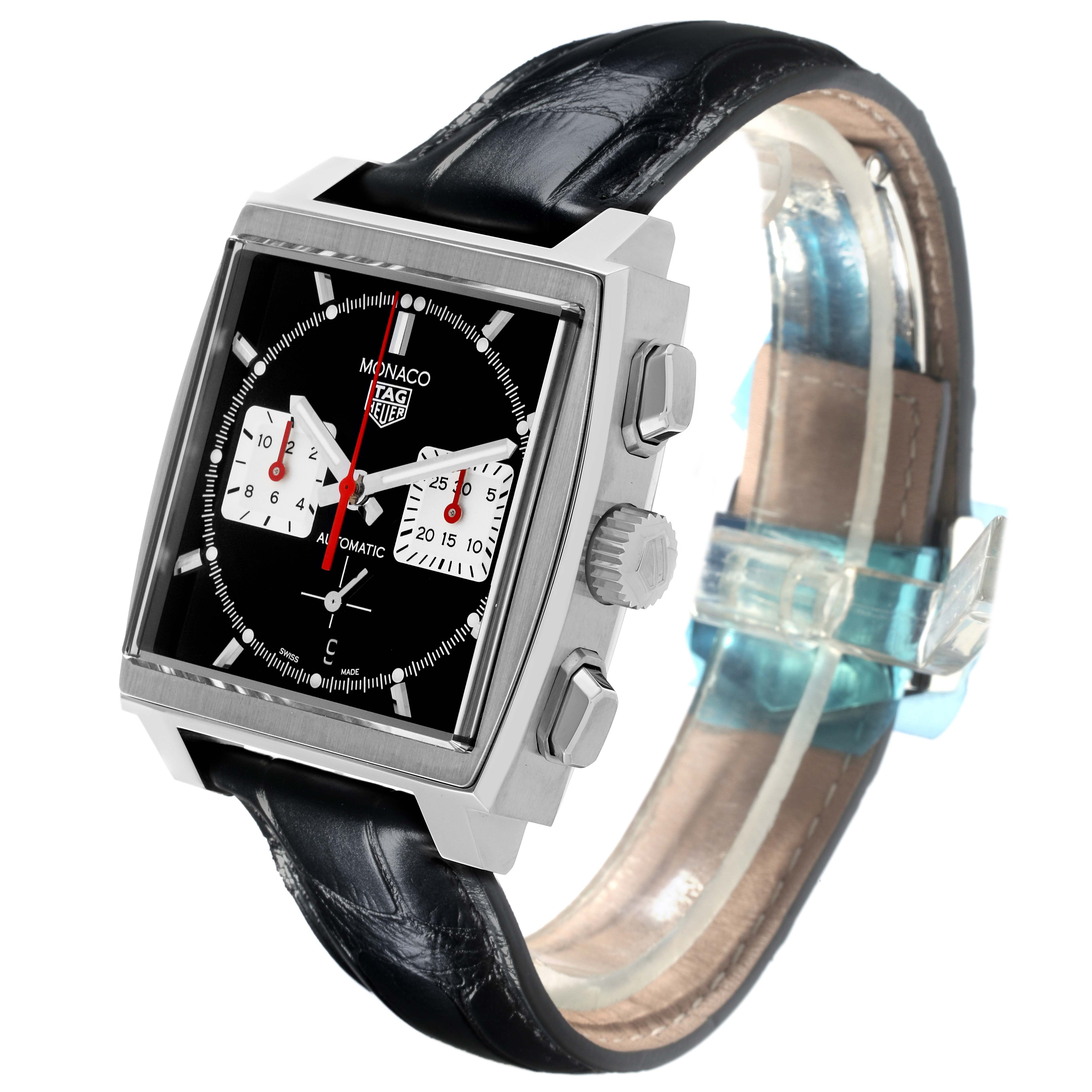 The Tag Heuer Monaco CBL2113.FC6177 Men's Stainless Steel Black Dial CBL2113.FC6177 Men's Stainless Steel Black Dial watch is shown at an angled side view, highlighting its square face, chronograph dials, and black leather strap.