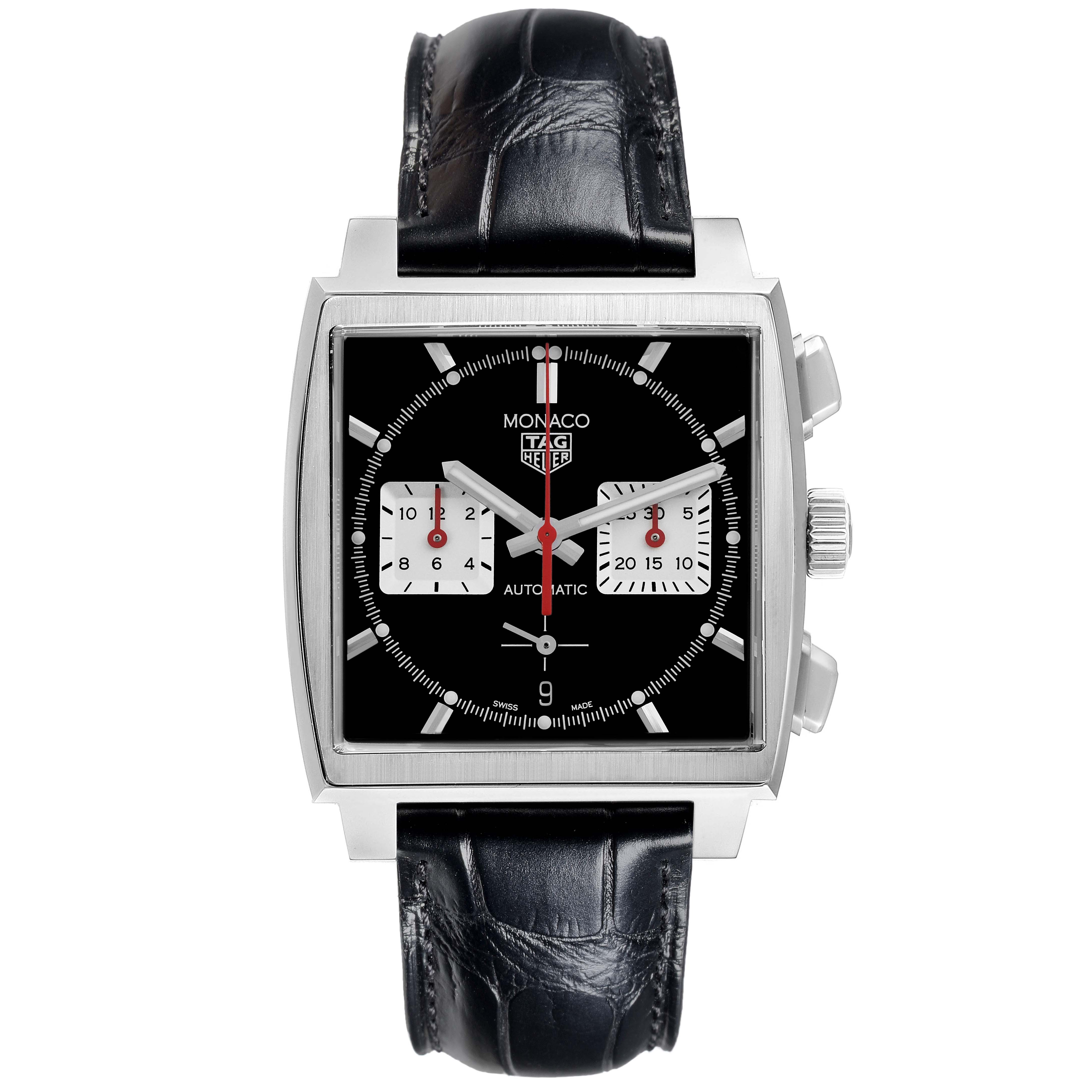 The Tag Heuer Monaco CBL2113.FC6177 Men's Stainless Steel Black Dial CBL2113.FC6177 Men's Stainless Steel Black Dial watch is shown from the front, displaying the dial, sub-dials, and leather strap.