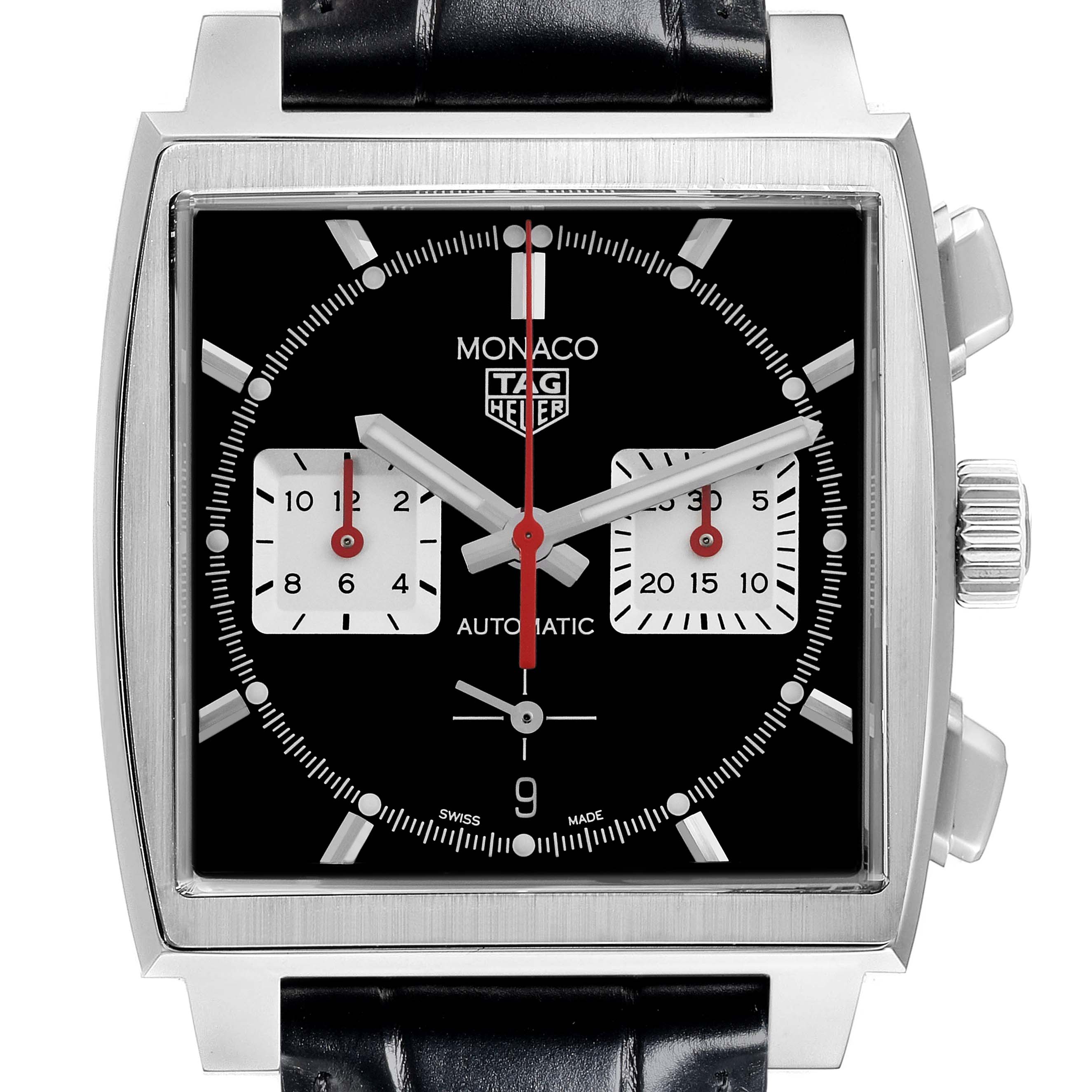 This image shows a frontal view of the Tag Heuer Monaco CBL2113.FC6177 Men's Stainless Steel Black Dial CBL2113.FC6177 Men's Stainless Steel Black Dial watch, highlighting its dial, sub-dials, and crown.
