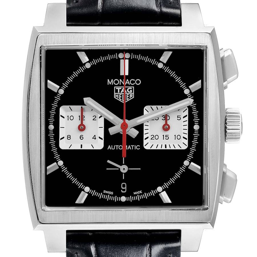 This image shows a frontal view of the Tag Heuer Monaco watch, highlighting its dial, sub-dials, and crown.