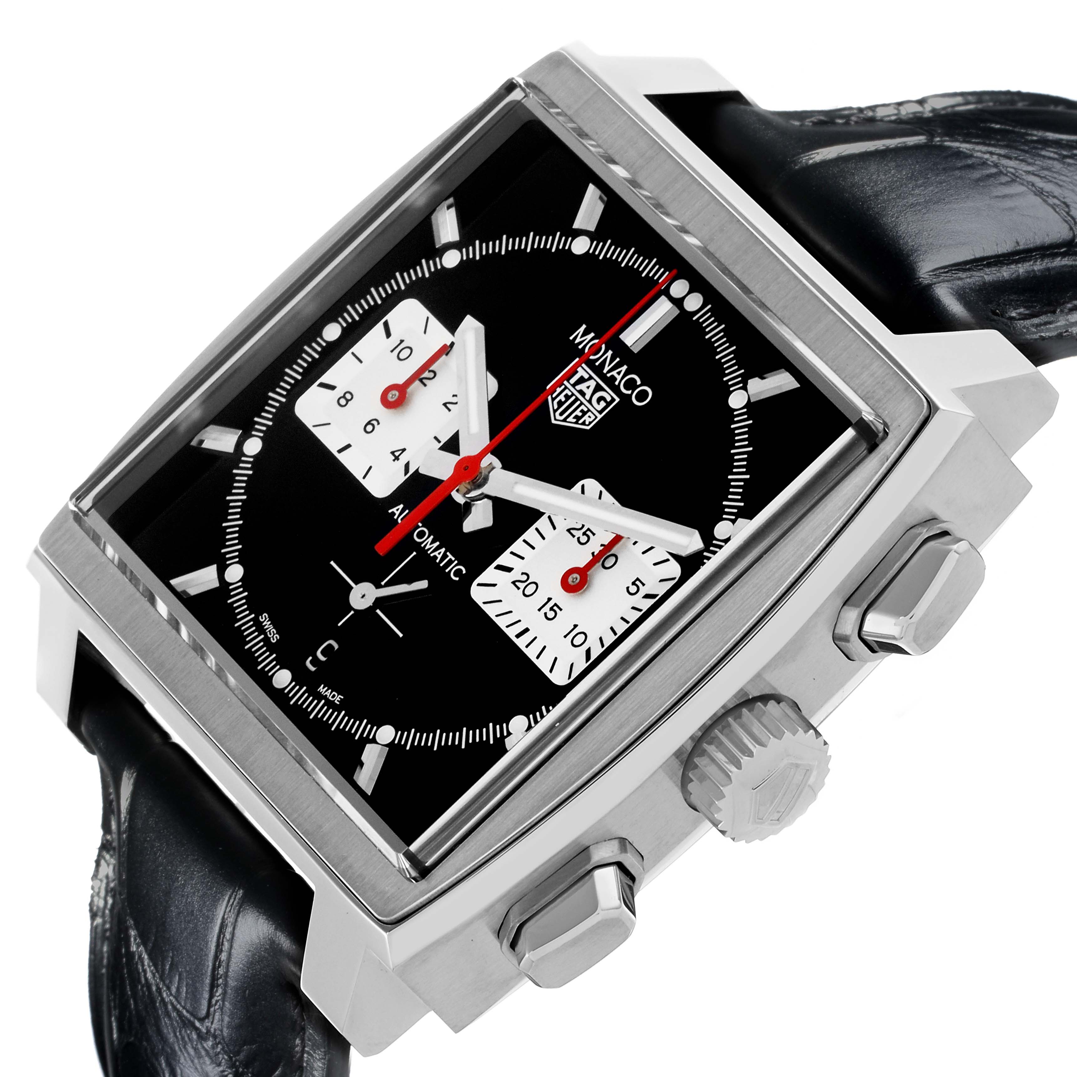 The Tag Heuer Monaco CBL2113.FC6177 Men's Stainless Steel Black Dial CBL2113.FC6177 Men's Stainless Steel Black Dial watch is shown at an angle highlighting its square face, crown, pushers, and black leather strap.