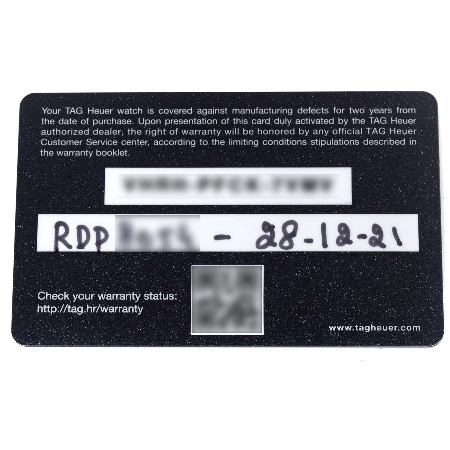 The image shows a warranty card for the Tag Heuer Monaco CBL2113.FC6177 Men's Stainless Steel Black Dial CBL2113.FC6177 Men's Stainless Steel Black Dial watch, displaying text and warranty details.