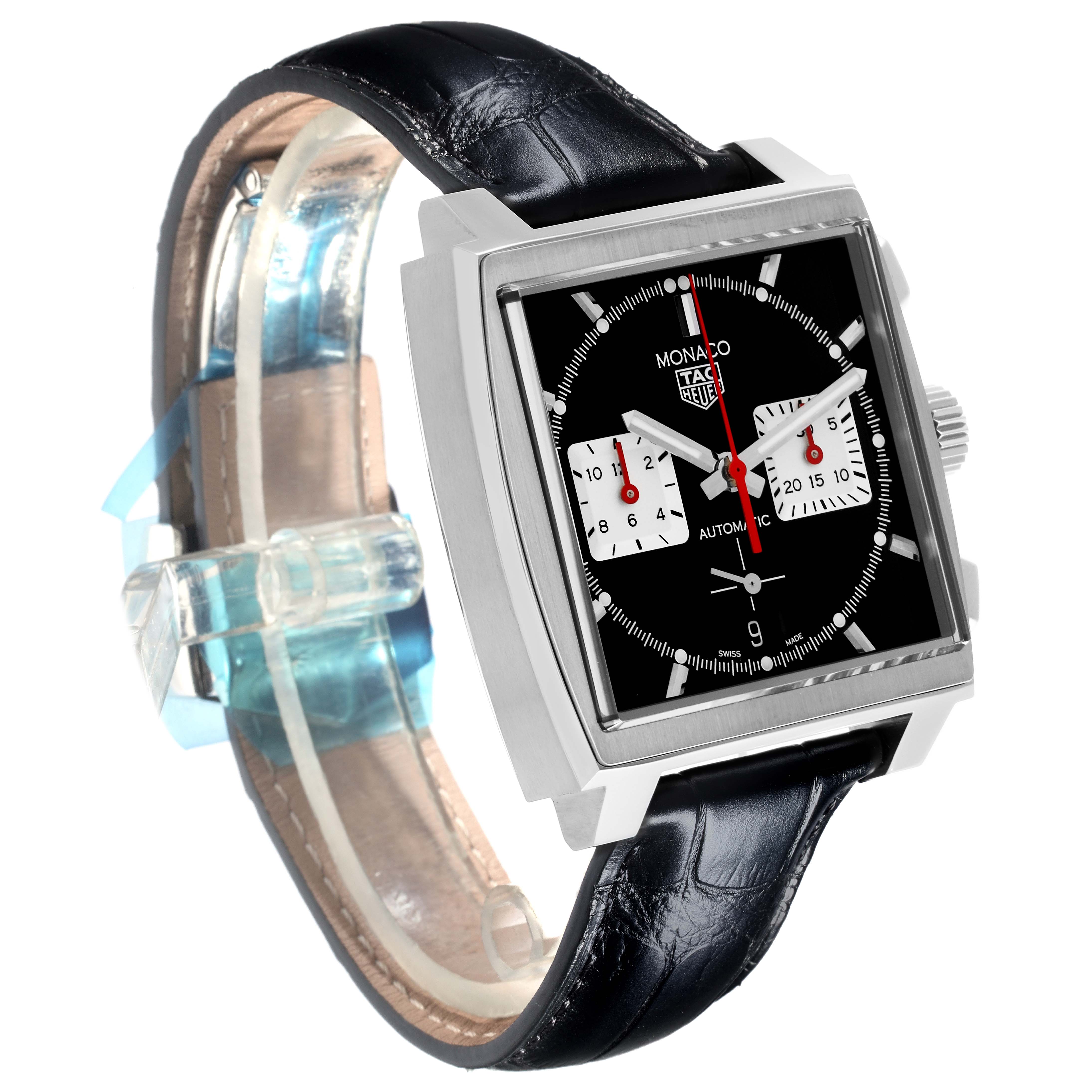 The Tag Heuer Monaco CBL2113.FC6177 Men's Stainless Steel Black Dial CBL2113.FC6177 Men's Stainless Steel Black Dial watch is shown at a three-quarter angle, highlighting its square case, black dial, and leather strap.