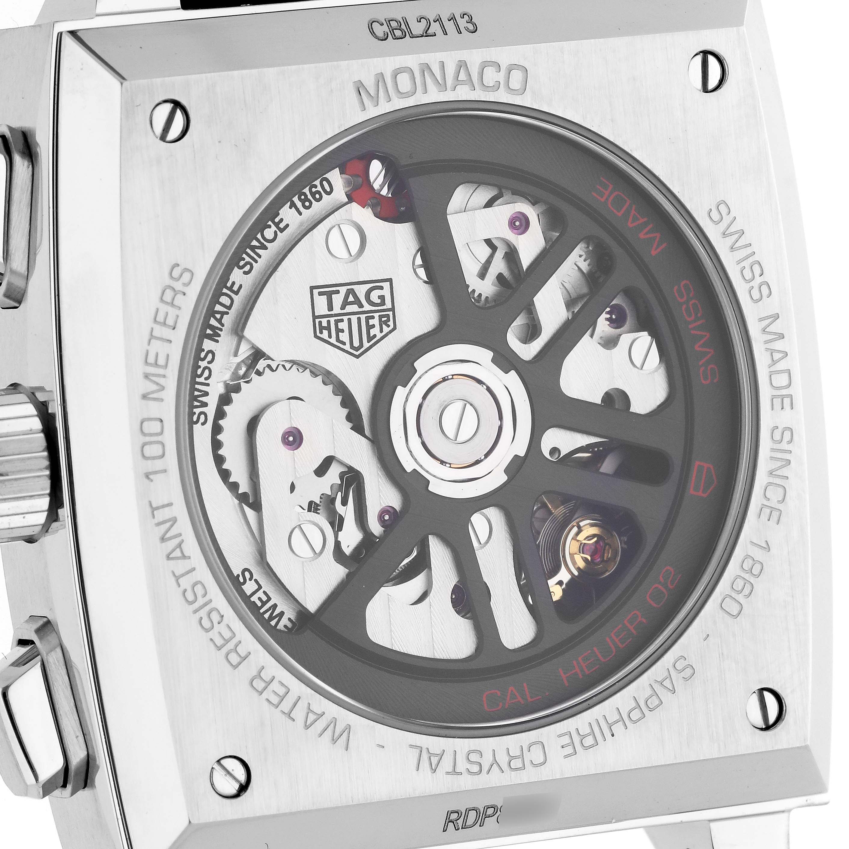The image shows the back of the Tag Heuer Monaco CBL2113.FC6177 Men's Stainless Steel Black Dial CBL2113.FC6177 Men's Stainless Steel Black Dial watch, displaying its movement and sapphire crystal case back.
