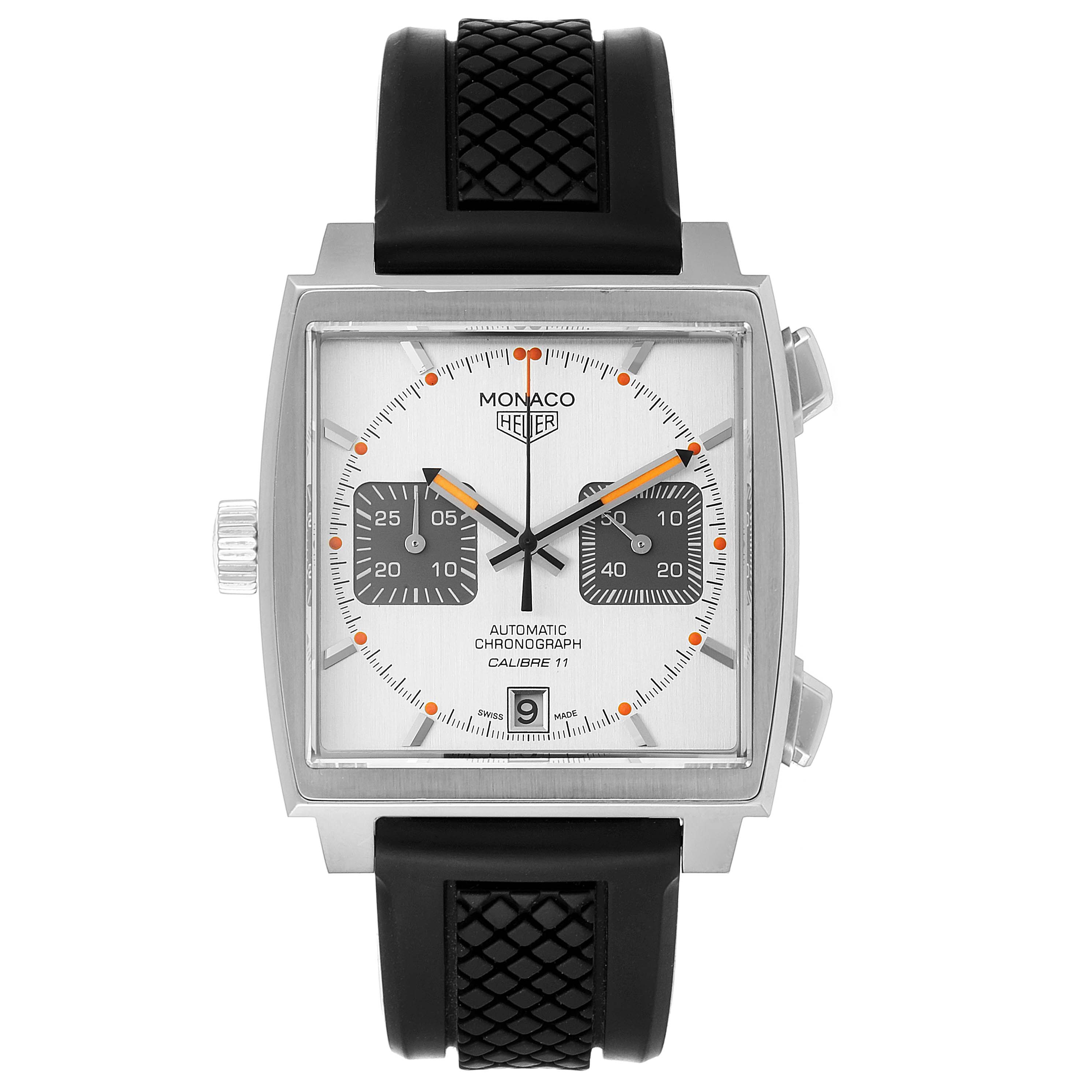 The image shows a front view of a Tag Heuer Monaco watch with a square dial and a black strap.