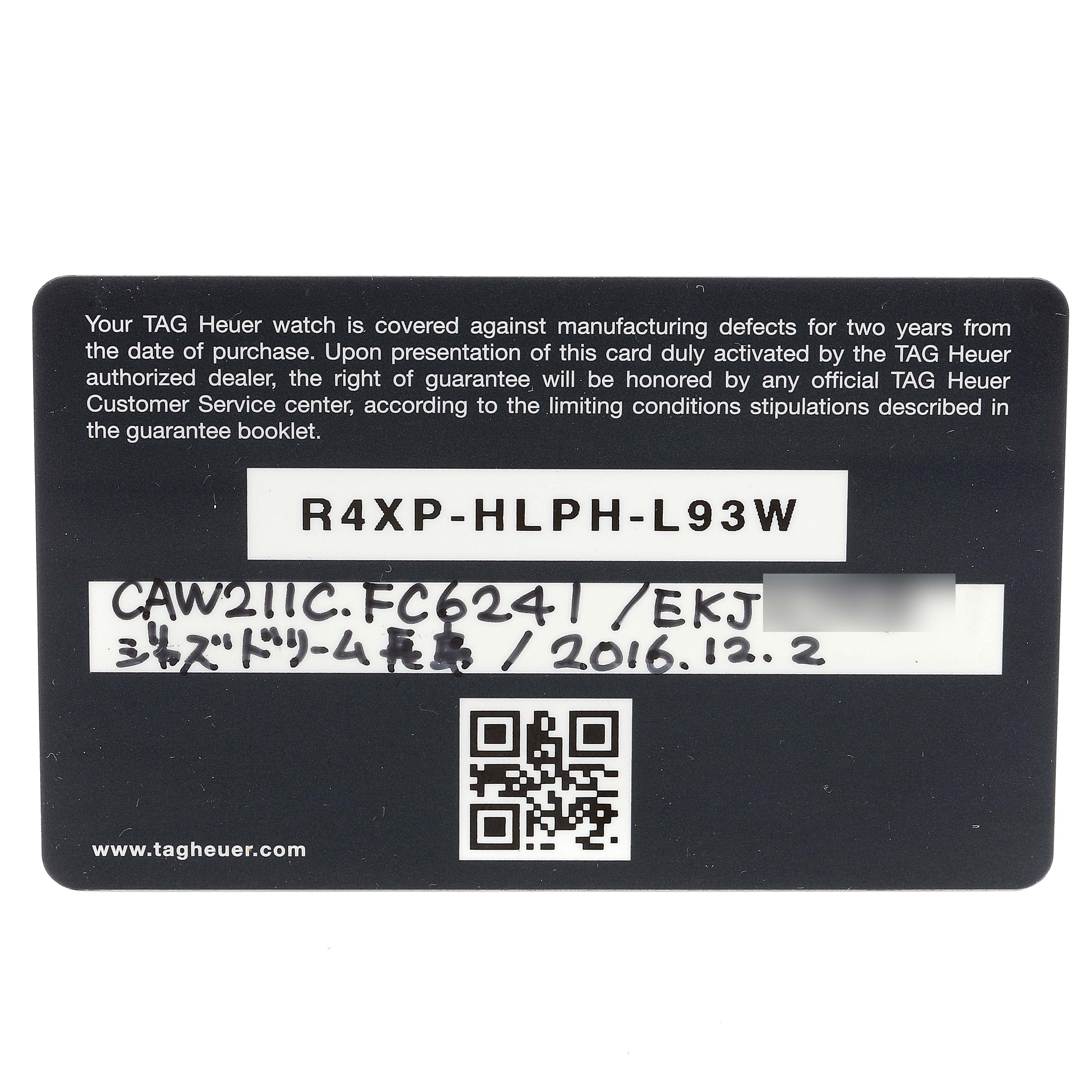 The image shows a warranty card for a TAG Heuer Monaco watch, including serial numbers and purchase details.