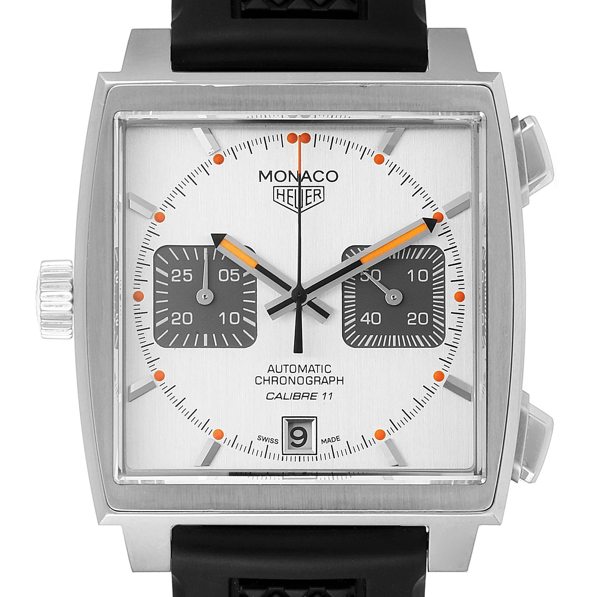 The image shows a front view of the Tag Heuer Monaco Limited Edition watch, featuring its dial, markers, hands, and strap.