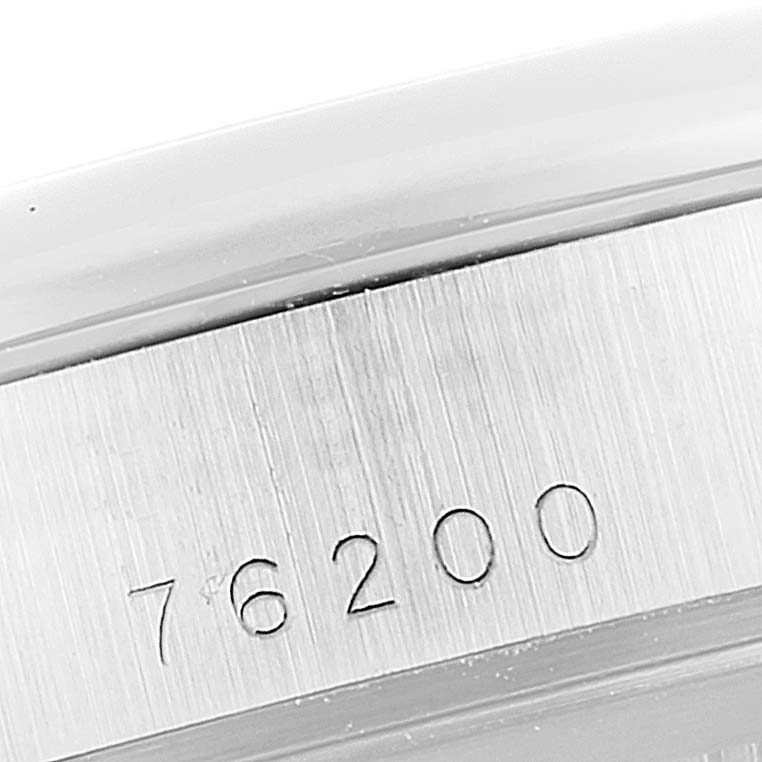 This image shows the model number "76200" engraved on the side of the Tudor Prince 76200 Men
s Stainless Steel Silver Dial 76200 Men
s Stainless Steel Silver Dial watch case.