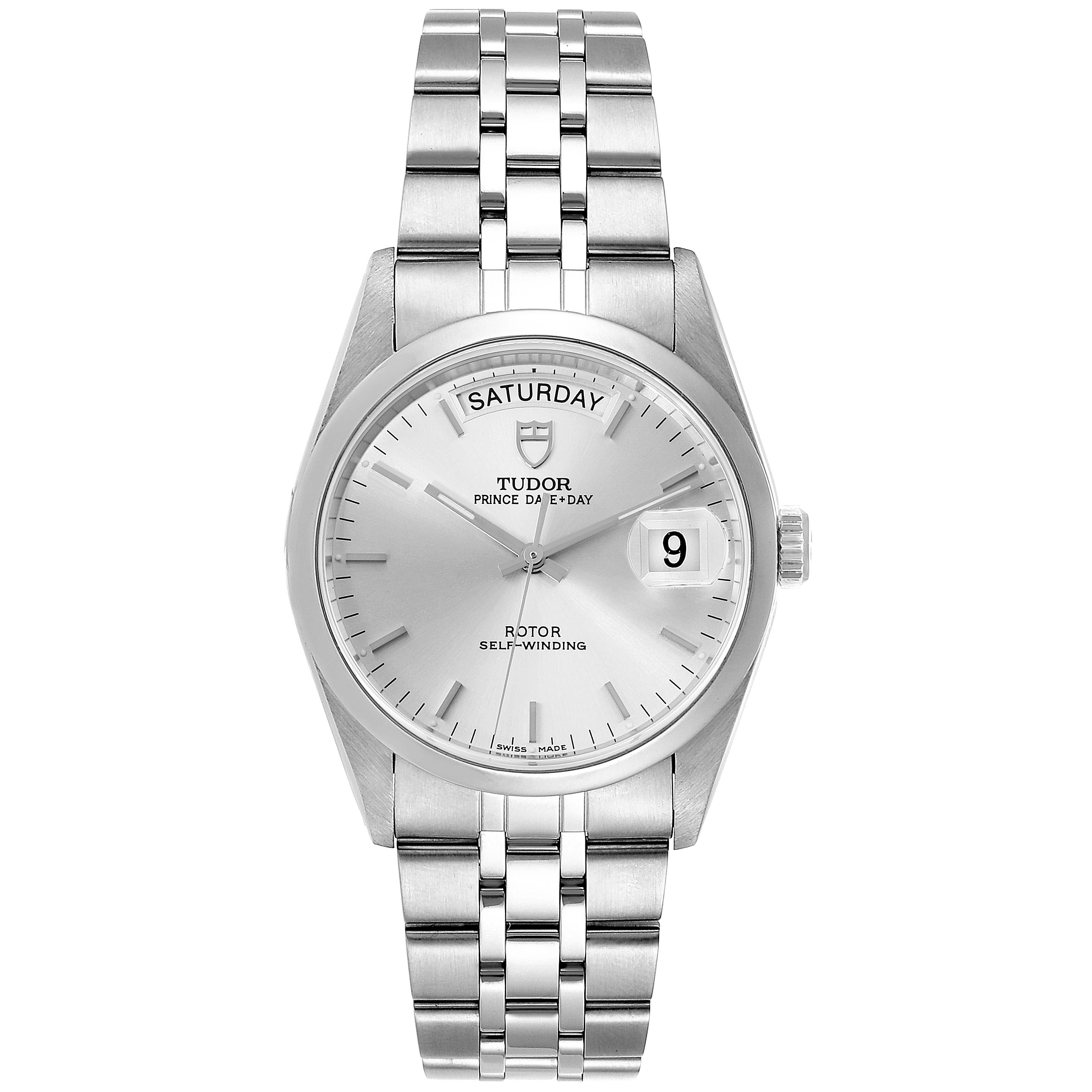 The image shows a front view of the Tudor Prince 76200 Men
s Stainless Steel Silver Dial 76200 Men
s Stainless Steel Silver Dial model watch, displaying the face, bracelet, day, and date features.